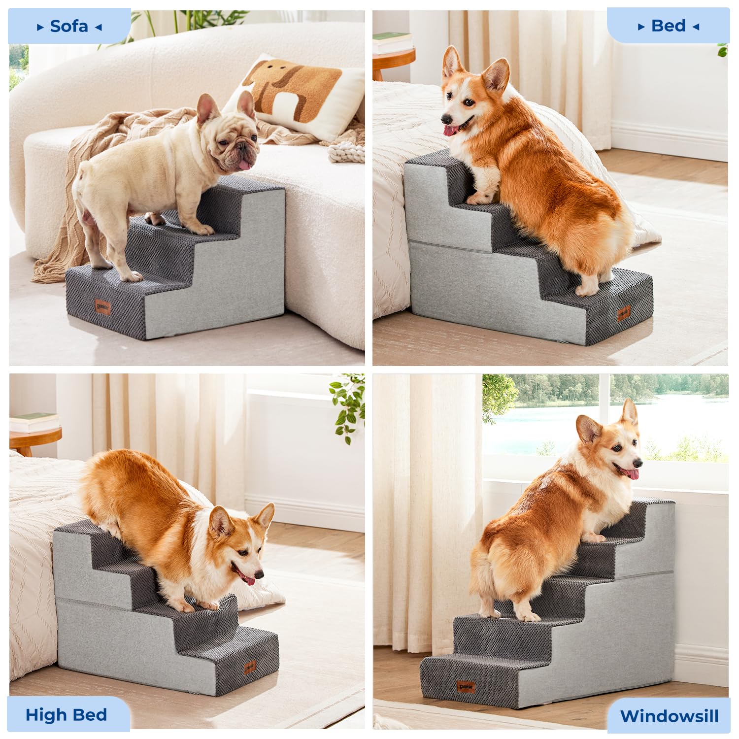 Zomisia Dog Steps For Couch - Pet Stairs For Small Dogs And Cats, Dog Steps With Non-Slip Bottom Grey 3 Steps, Brown