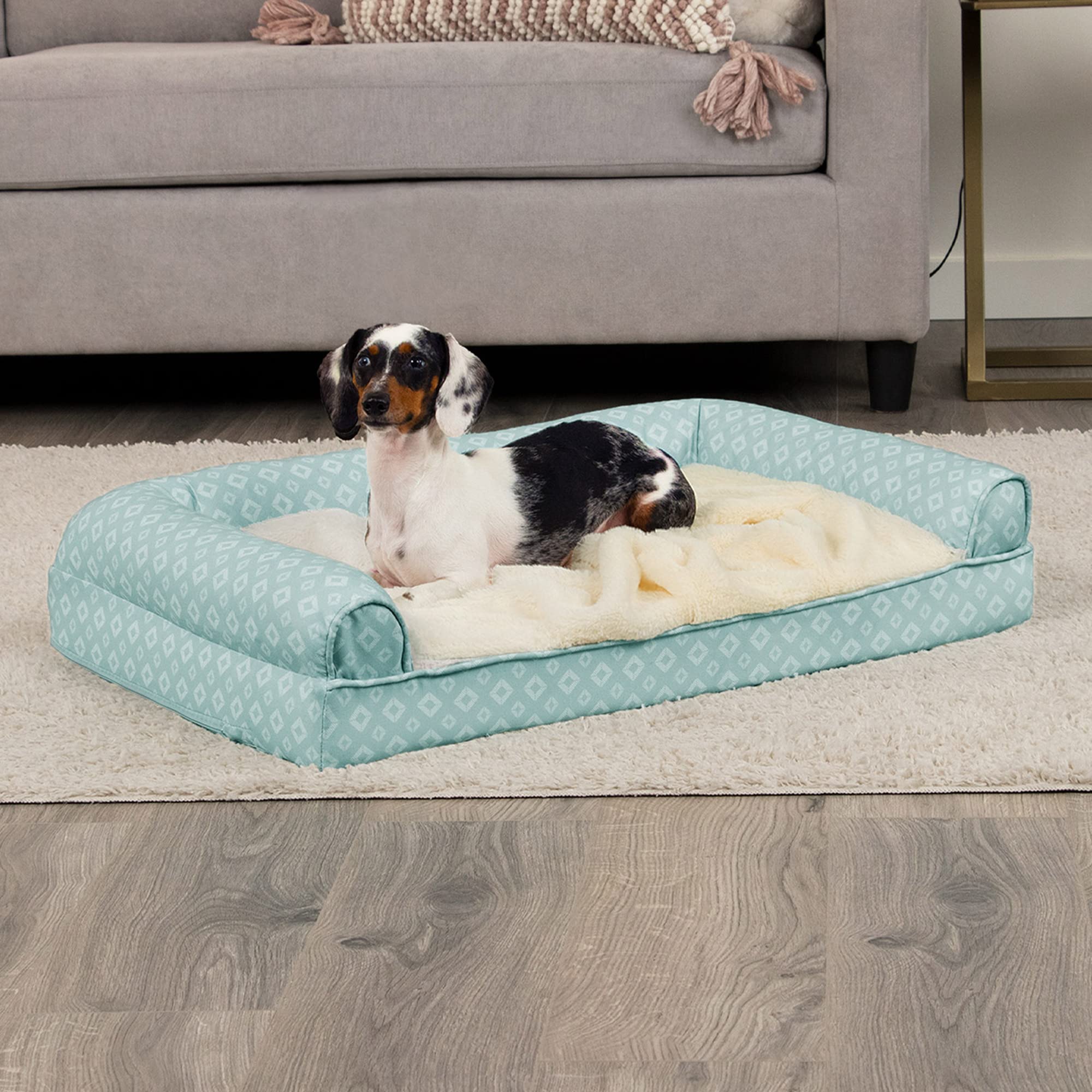 Furhaven Cooling Gel Dog Bed for Medium/Small Dogs w/ Removable Bolsters & Washable Cover, For Dogs Up to 35 lbs - Plush & Diamo
