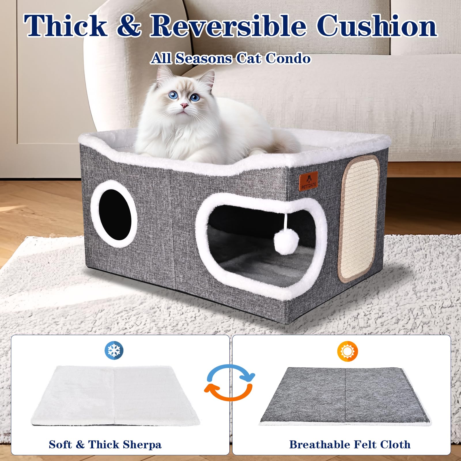 Extra Large Cat Beds for Indoor Cats, Covered Cat Cave Beds & Furniture with Scratch Pad and Fluffy Ball, Foldable Condo Hideawa