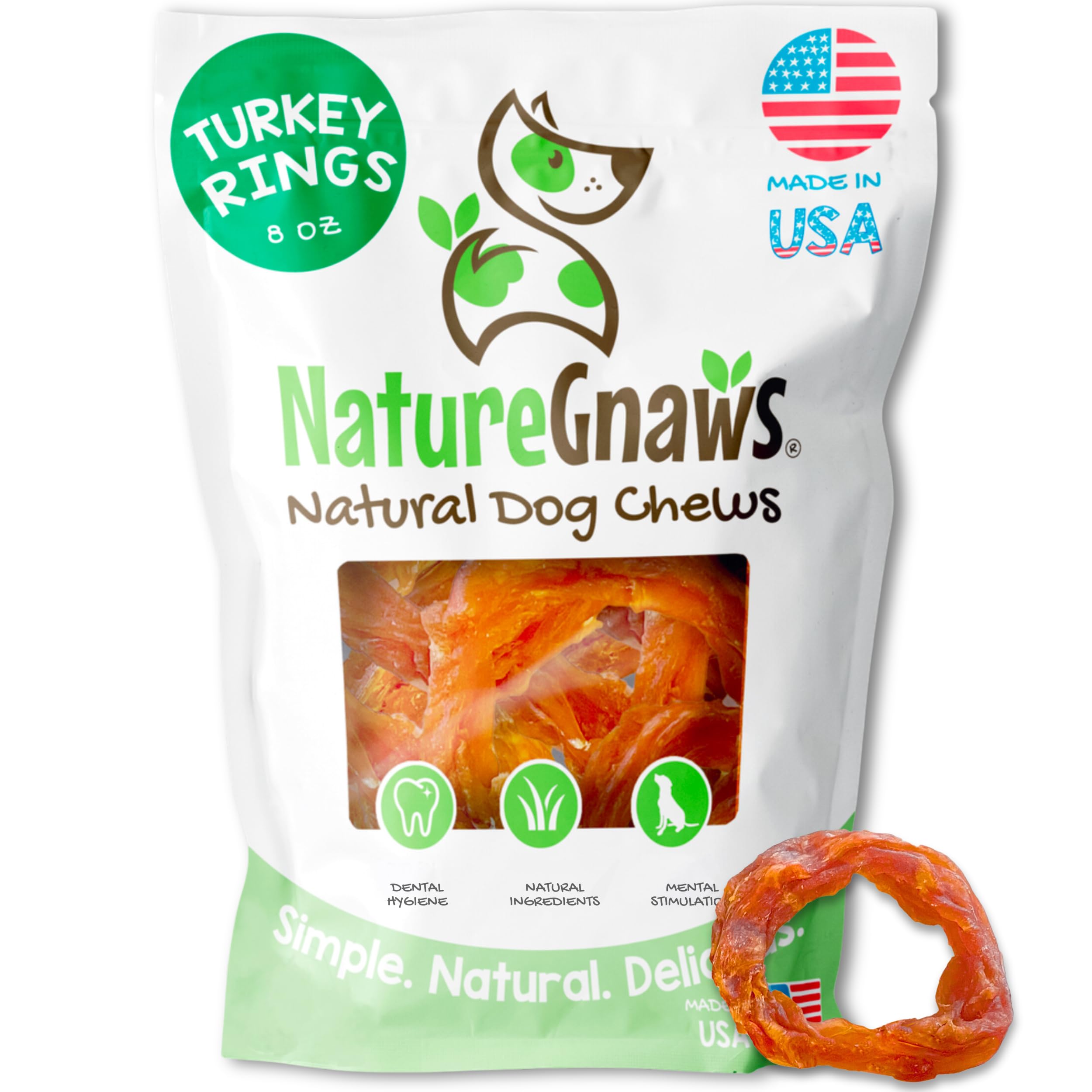 Nature Gnaws USA Turkey Tendon Rings for Dogs (8oz) - Delicious Grain Free Reward Snack for Small, Medium & Large Breeds - Premi