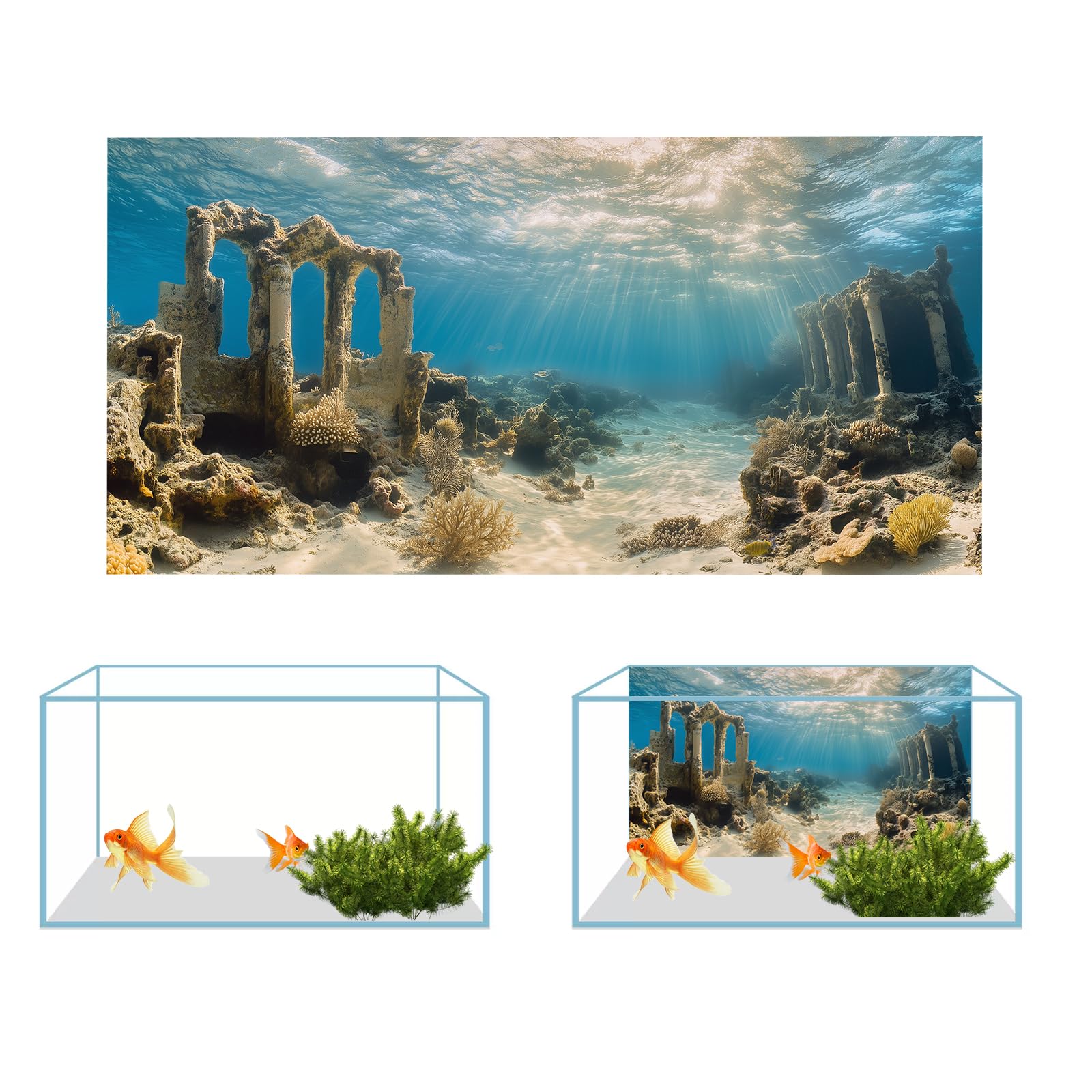 COMSUN 3 Pack Aquarium Background, 36x18 inches Polyester Aquarium Background, Cloth Fish Tank Background, Undersea Ruins Floor