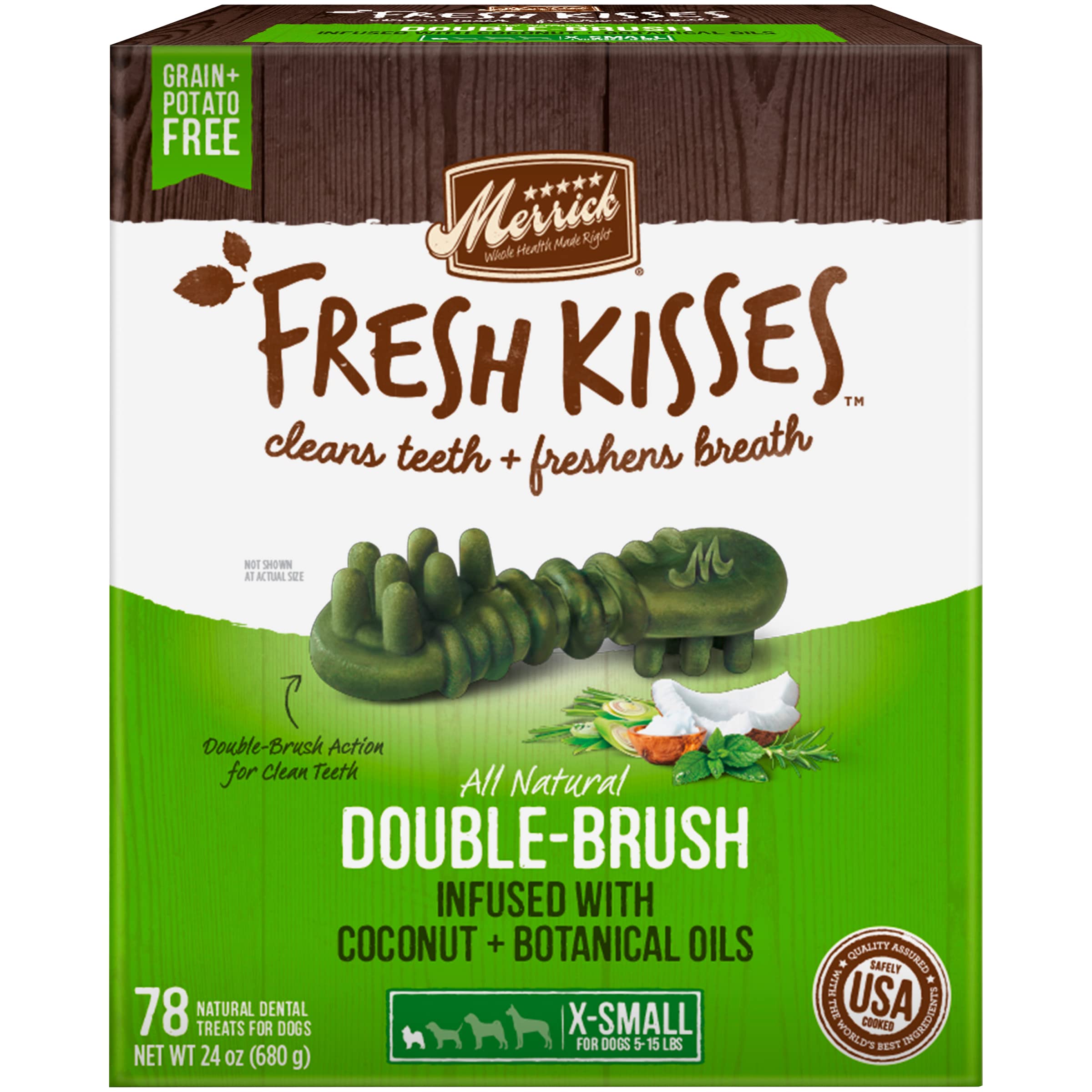 Merrick Fresh Kisses Double-Brush Dental Dog Treats, Infused with Coconut & Botanical Oils, Cleans & Freshens Breath for X-Small