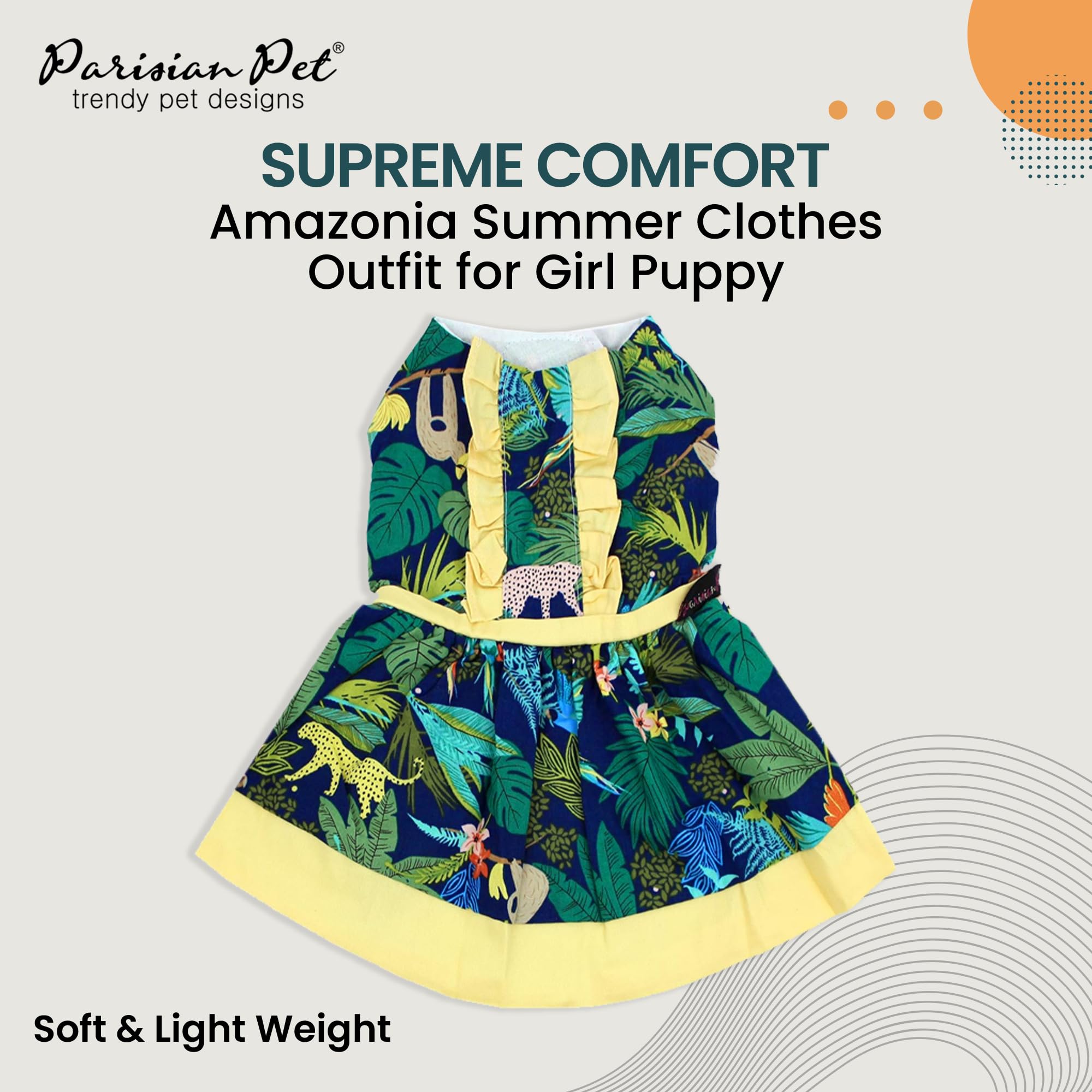 Parisian Pet Amazonia Dress - Leafy Summer Clothes For Dogs - Magic Strap Closure Beach Outfit - Lightweight Dressy Outfit - Dre