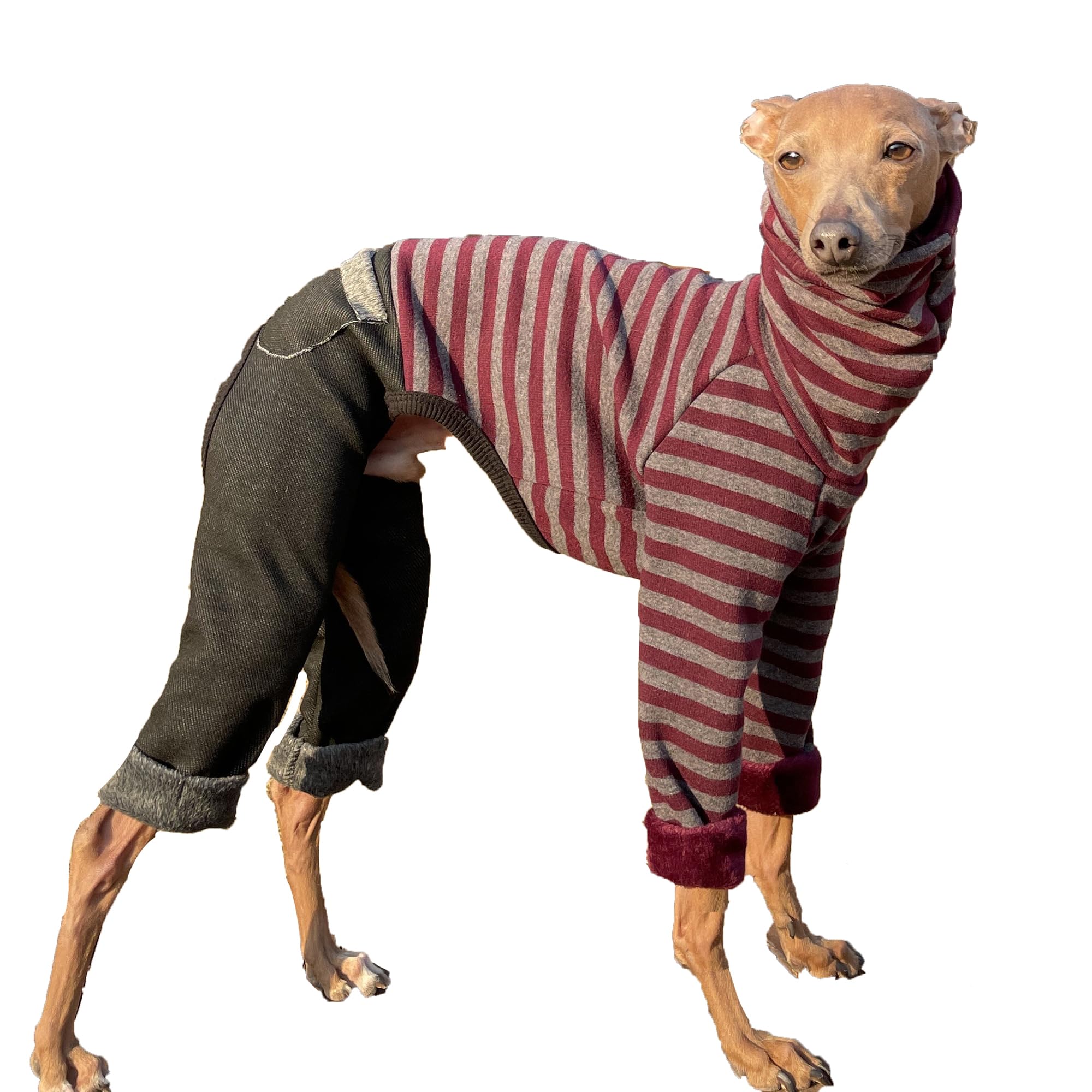 D DOGGY STAR Italian Greyhound Clothes Stripe Fleece Stretchable Denim Onesie Whippet for Dog Turtleneck Outfits Coat (L,Denim B