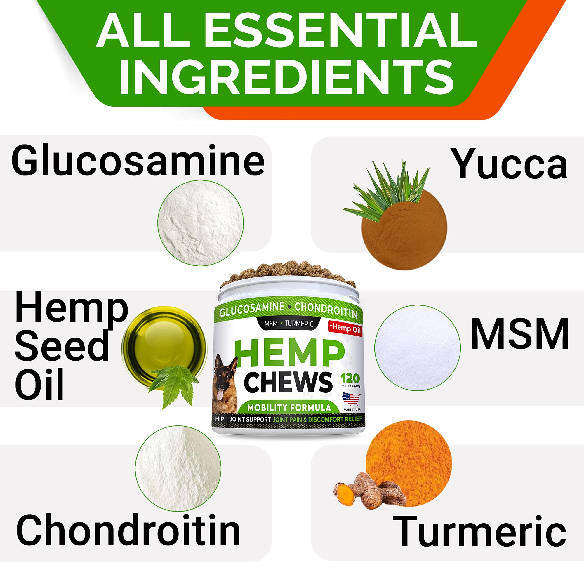STRELLALAB Hemp Treats + Glucosamine for Dogs - Hip & Joint Supplement - w/Hemp Oil + Protein - Chondroitin, MSM, Turmeric to Im