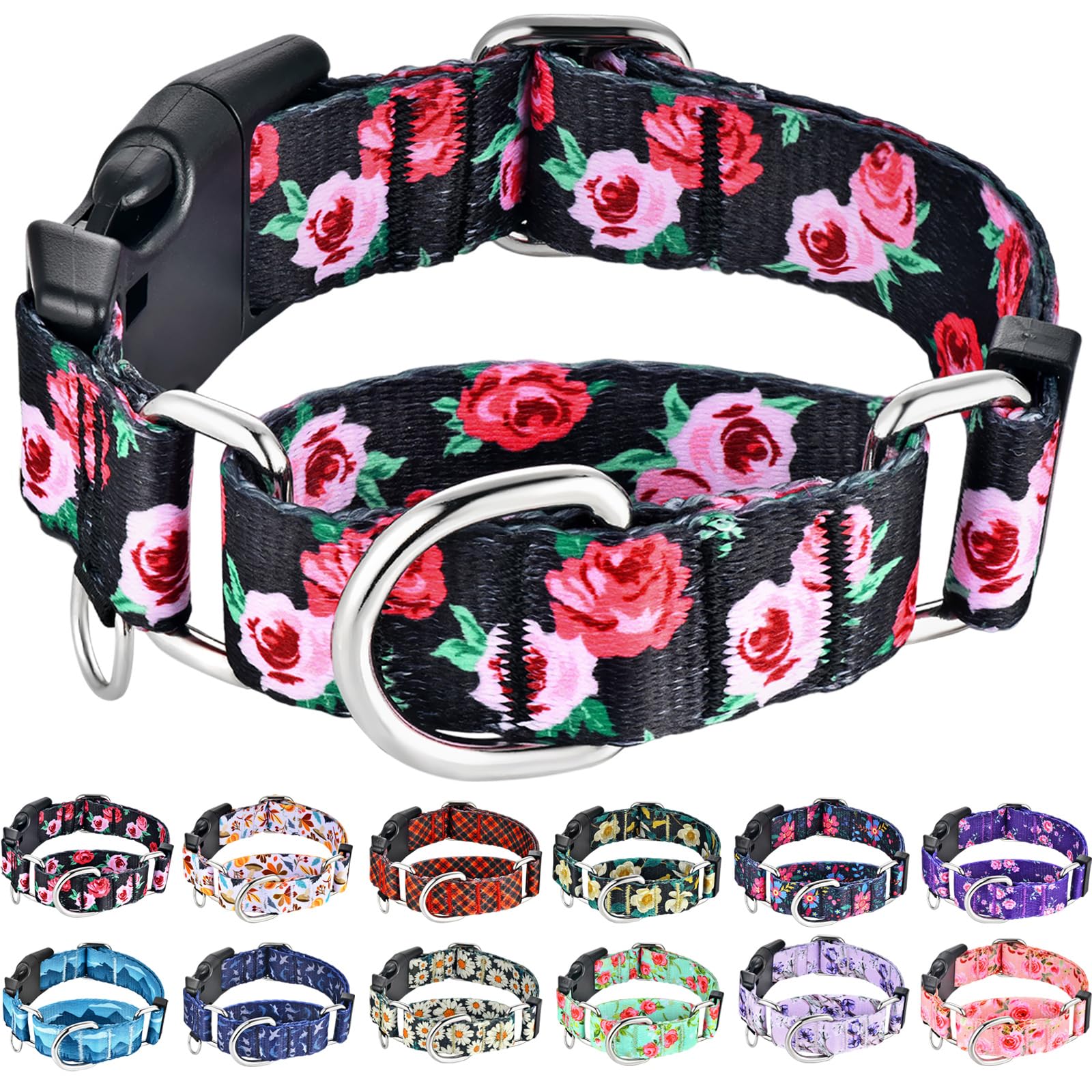 Fidohug Martingale Collar For Dogs Pink Floral Dog Collars For Small Dogs With Buckle Girl Female Soft Nylon Dog Collar (Black P