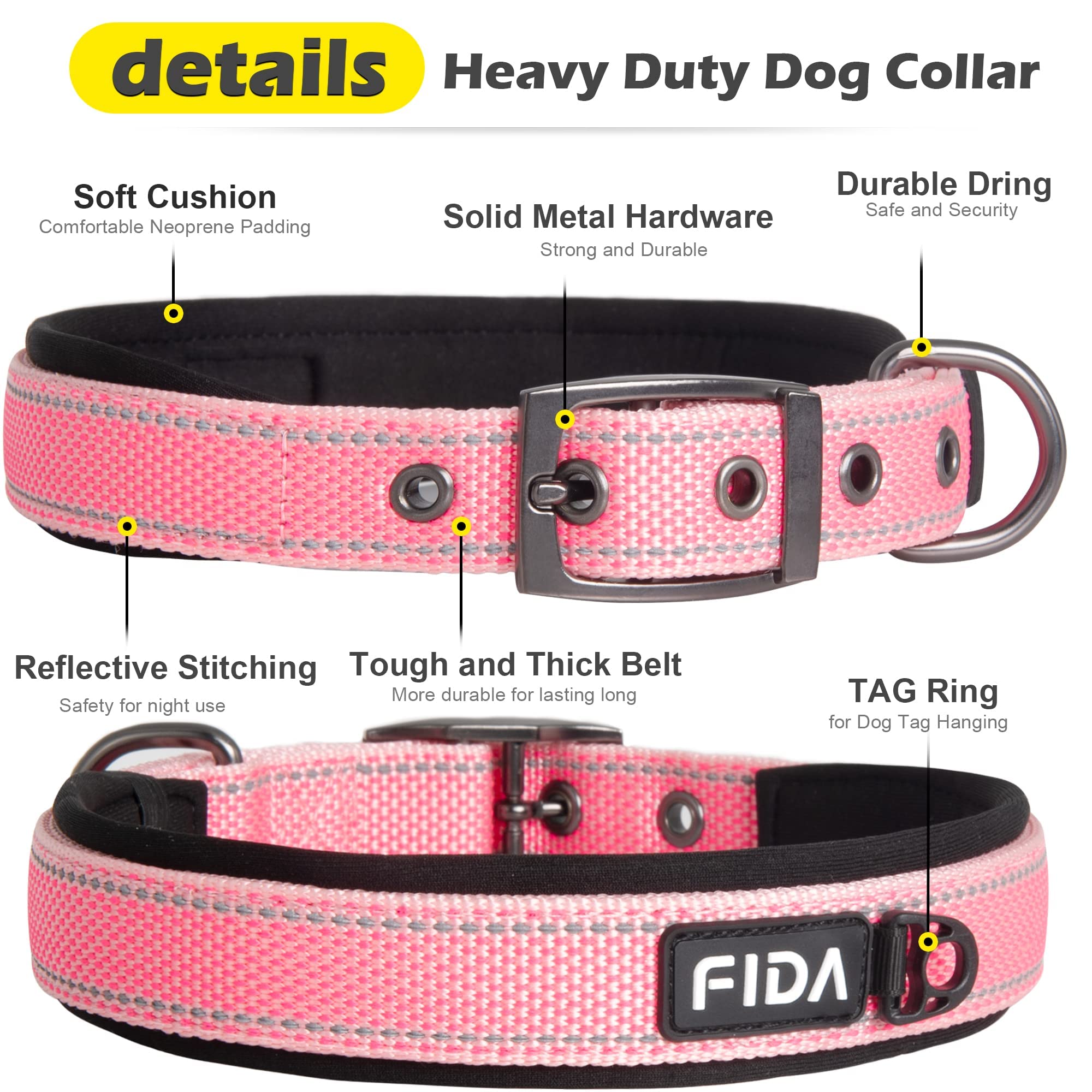 Fida Heavy Duty Dog Collar, Ultra Comfortable Soft Neoprene Padded, Adjustable Reflective Nylon Pet Collar With Durable Metal Belt Buckle For Large Breeds (L, Pink)