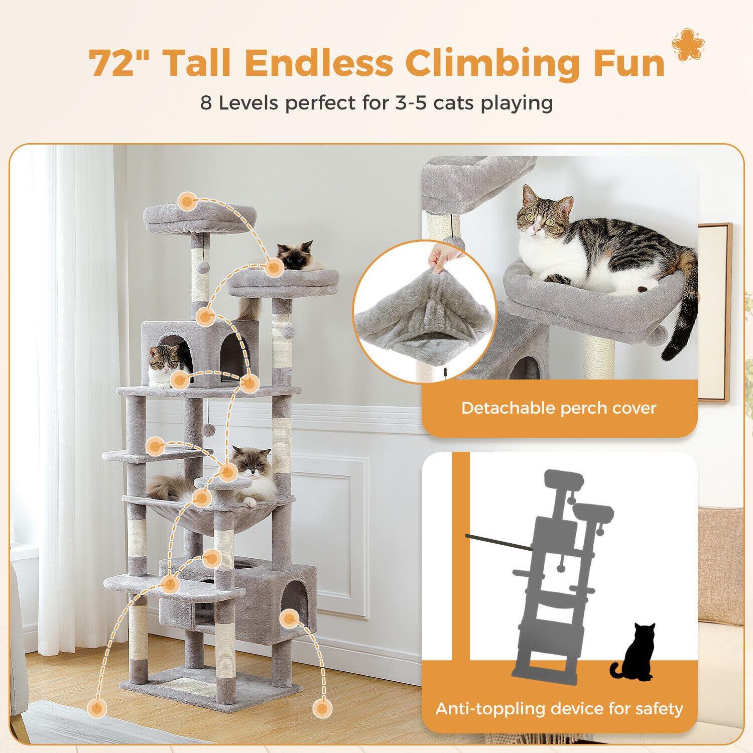 Pawz Road Large 72 Inch Cat Tree And Tower For Indoor Cats - With Sisal-Covered Scratching Posts, Padded Perches, Condos, And Ba
