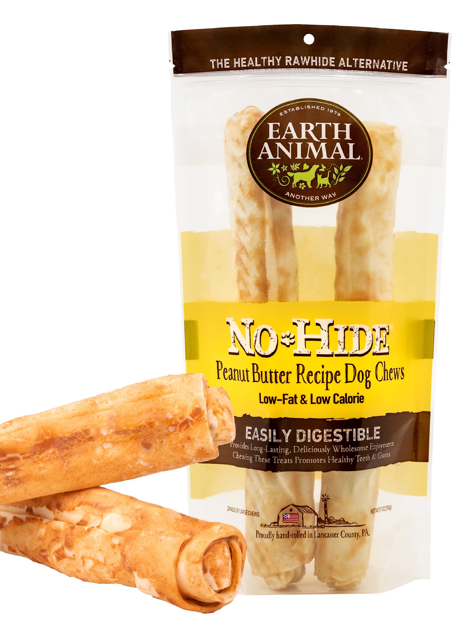 Earth Animal No Hide Large Peanut Butter Flavored Natural Rawhide Free Dog Chews Long Lasting Chew Sticks | Treats for Large Dog