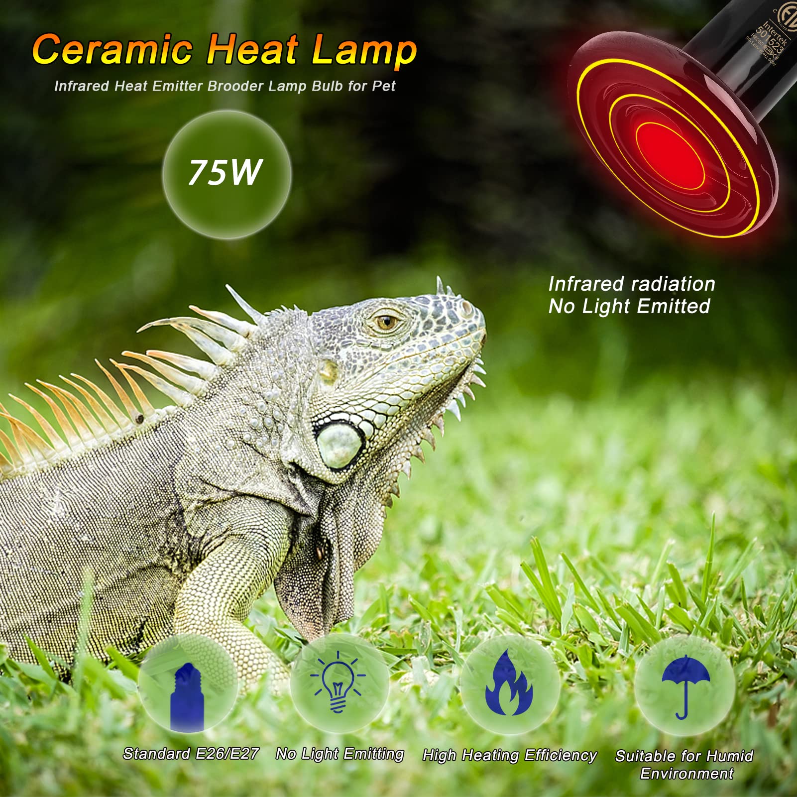Fiveage 2 Pack 75W Black Ceramic Heat Emitter, Reptile Infrared Heat Lamp Bulb, No Light Emitted, Pet Brooder Coop Heater For Am