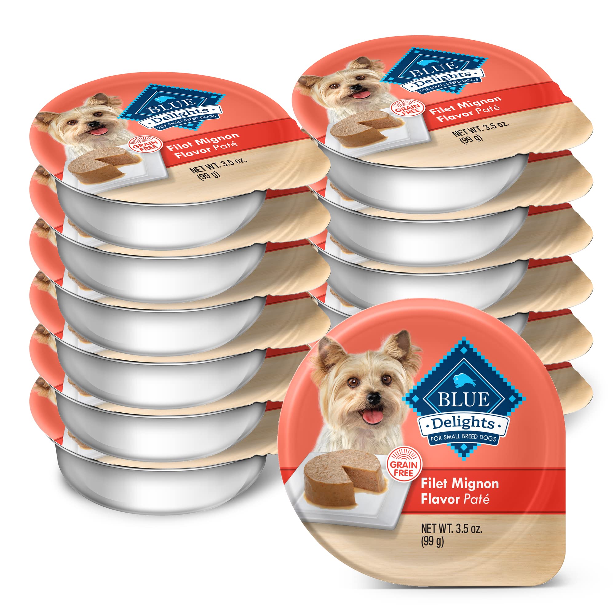 Blue Buffalo Delights Natural Adult Small Breed Wet Dog Food Cups, Pate Style, Filet Mignon Flavor in Savory Juice 3.5-oz (Pack 