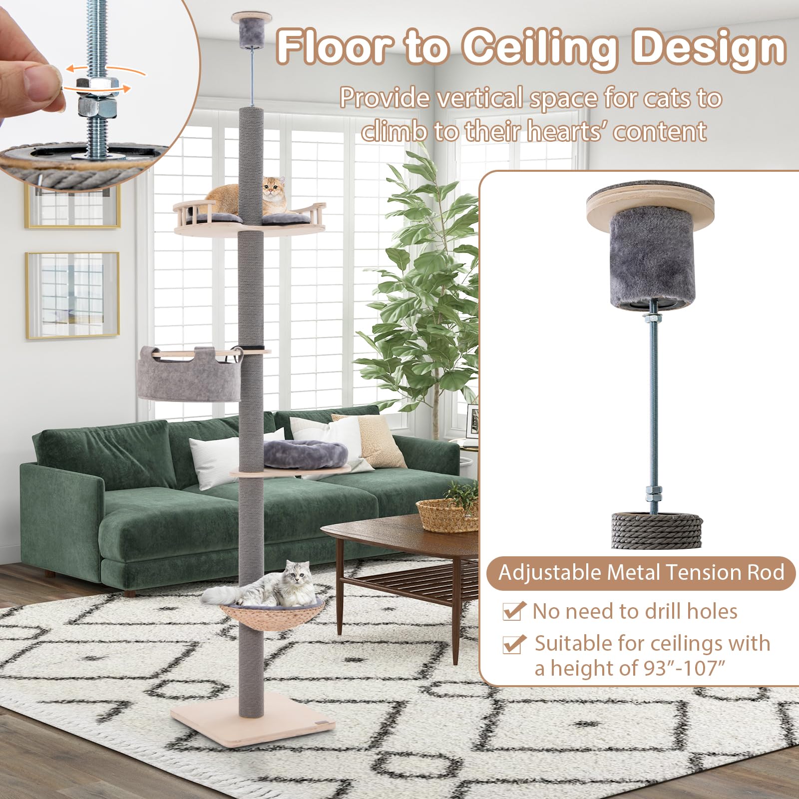 Tangkula Floor To Ceiling Cat Tree, Tall Cat Tower With Adjustable Height (93-107 Inch) For Large Cats, 5 Tier Cat Climbing Pole
