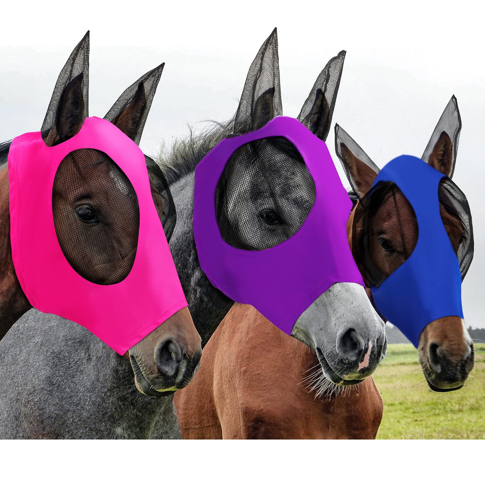 Weewooday 3 Pcs Horse Fly Masks for Horses Fly Masks with Ears Smooth and Elasticity Fly Mask with UV Protection