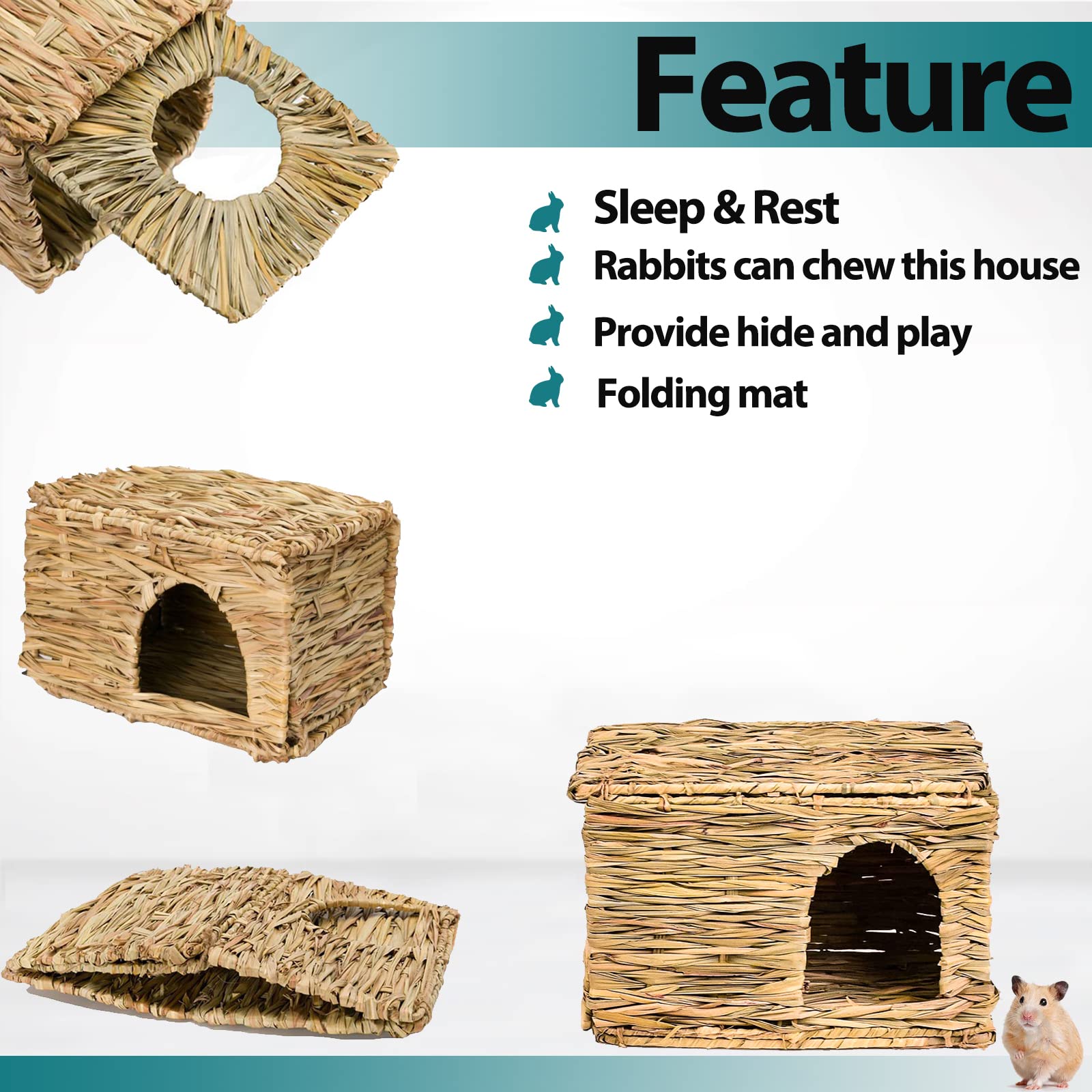 Hercocci Extra Large Grass House For Rabbit, Foldable & Comfortable - Small Animal Hut Play Hideaway Bed Hay Mat Chew Toy For Bu