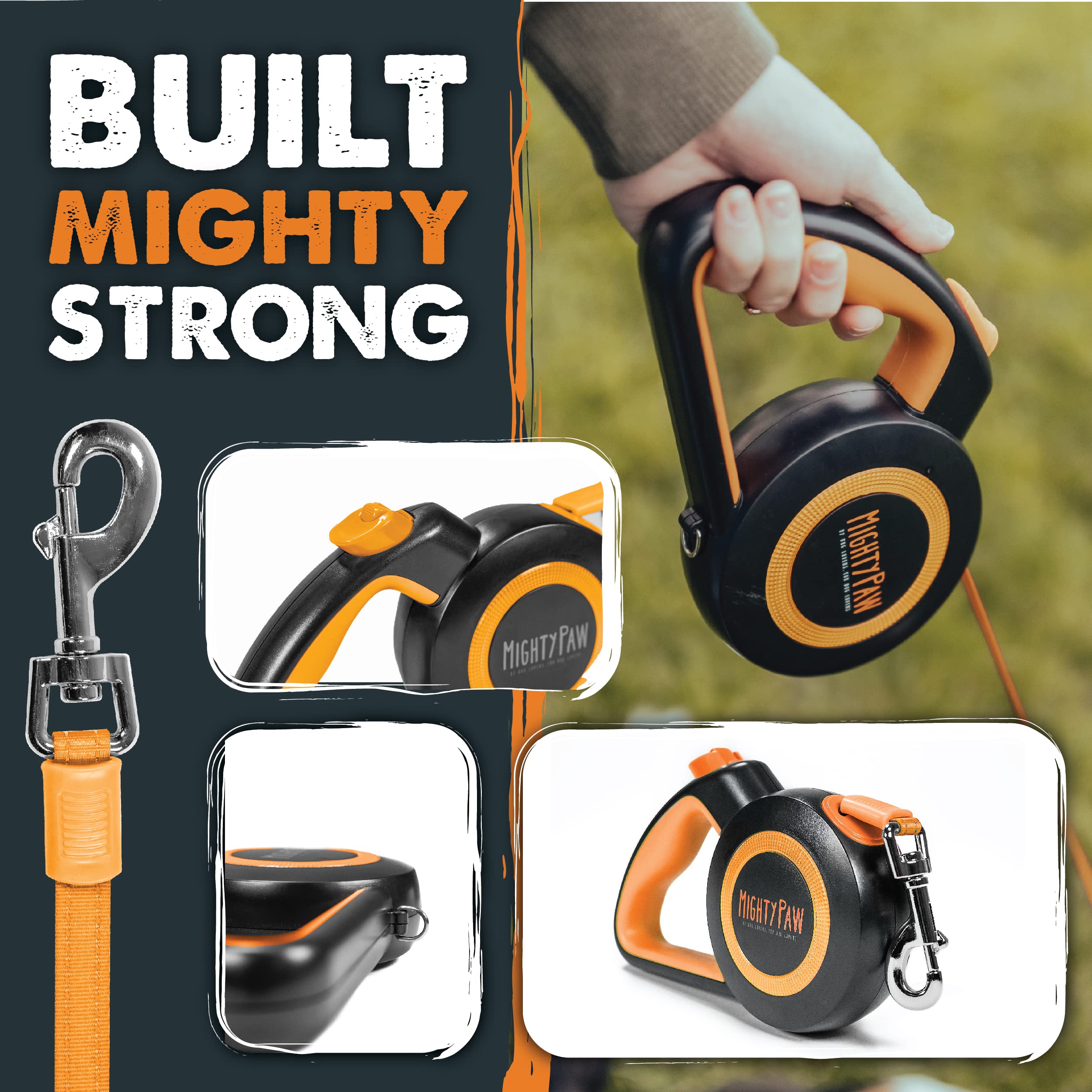 Mighty Paw Retractable Dog Leash 2.0 - 16' Heavy Duty Nylon for Pets Up to 50 lbs, Tangle-Free, Quick-Lock Braking, Anti-Slip Handle