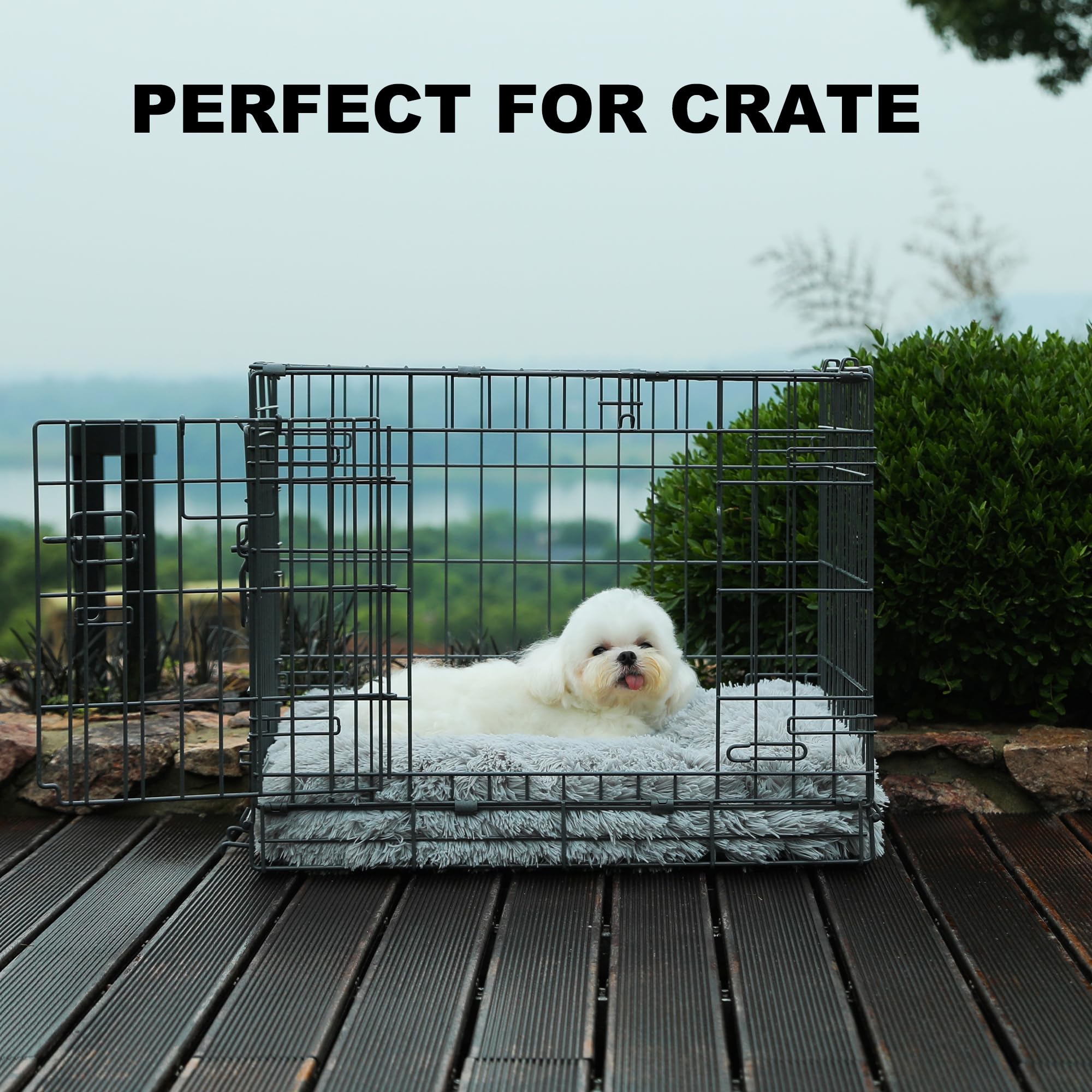 Bedfolks Waterproof Crate Bed, Plush Dog & Cat Kennel Pad With Removable Cover, Faux Fur, Washable, 23''X18'', Solid Light Grey