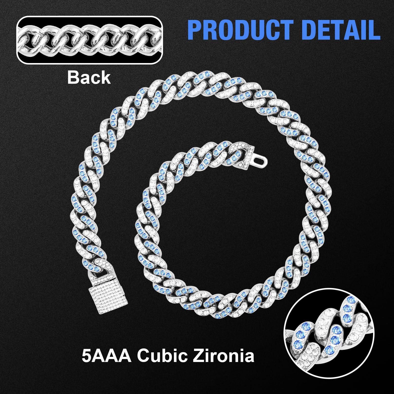 Wimupath Silver-Plated Blue Diamond Dog Collar - Cuban Style Metal Chain With Secure Buckle, Luxury Durable Collar For Small/Med