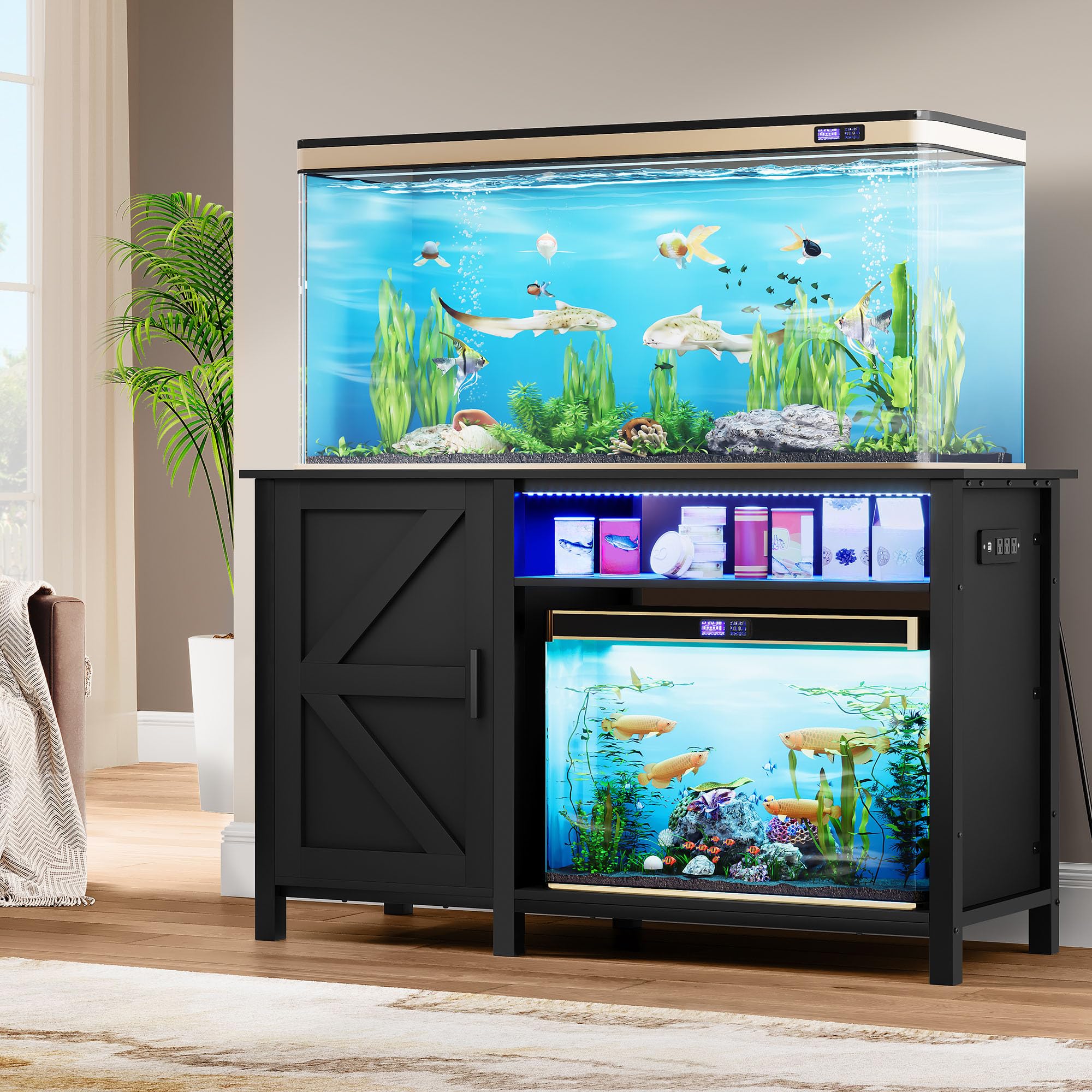 YITAHOME Aquarium Stand with Power Outlets, 55-75 Gallon Fish Tank Stand, Cabinet with RGB Light Strip Suitable for Turtle Tank,