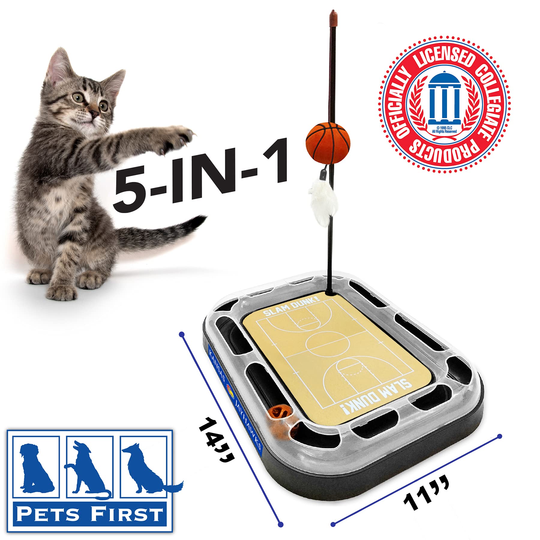 Ncaa Kansas Jayhawks Reversible Basketball Court Felt Cat Scratcher & 6-In-1 Interactive Cat Wand Poll Toy - Catnip-Filled Plush