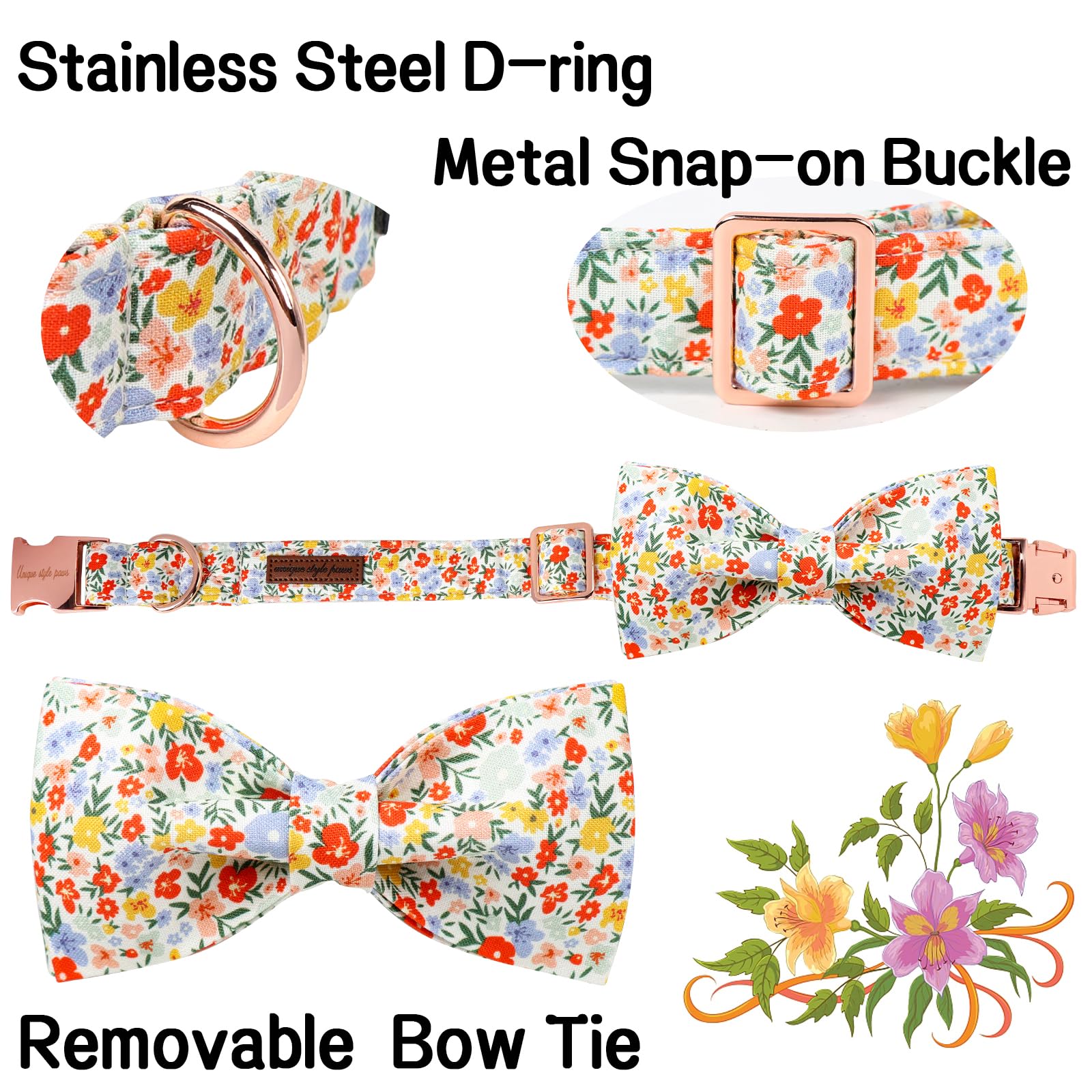 Unique Style Paws Summer Dog Collar With Bow, Lovely Bow Tie Dog Collar, Colorful Flower Dog Bow For Girl,Boy Dogs,Cats,S,10-16I