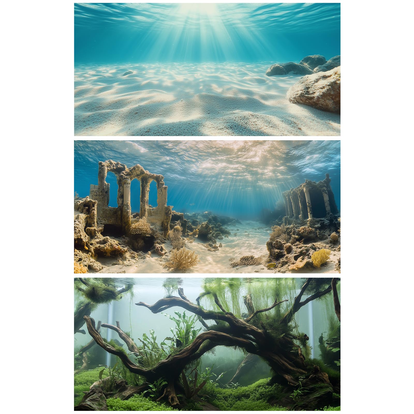 COMSUN 3 Pack Aquarium Background, 36x18 inches Polyester Aquarium Background, Cloth Fish Tank Background, Undersea Ruins Floor 
