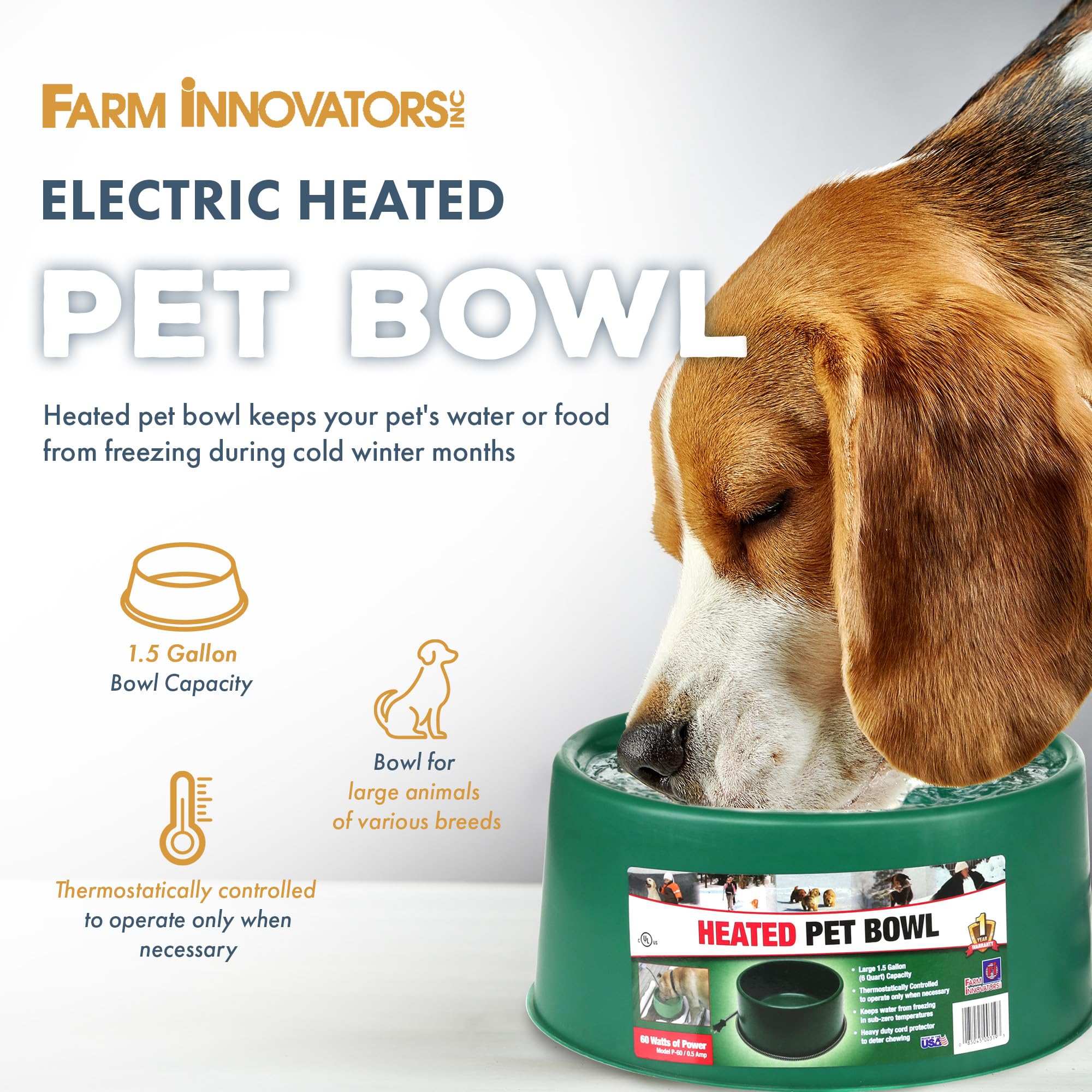Farm Innovators Heated Pet Water Bowl - 1.5 Gallon, 60W, Green Plastic Dish with Anti-Chew Cord Protector for Dogs & Cats