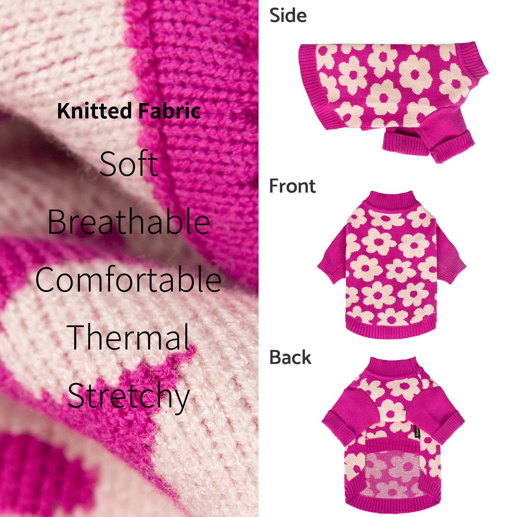 Fitwarm Floral Dog Sweater, Thermal Dog Sweatshirt, Soft Pet Outfit, Hot Pink, White, Large