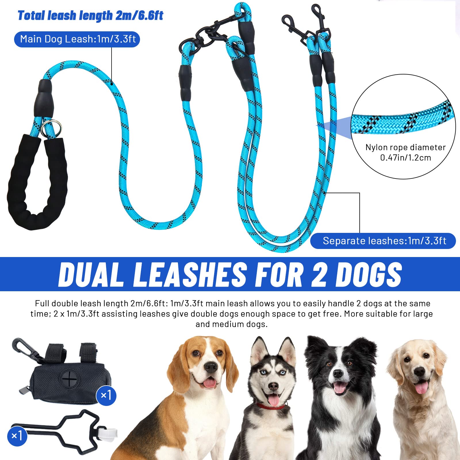 Lele Life Double Dog Leash For Two Dogs, Heavy Duty Reflective Double Leashes For 2 Dogs, 360° Swivel Dual Dog Leash Tangle Free Large Dogs & Medium Dogs, With 2Pcs Dog Poop Bag Holder, Blue