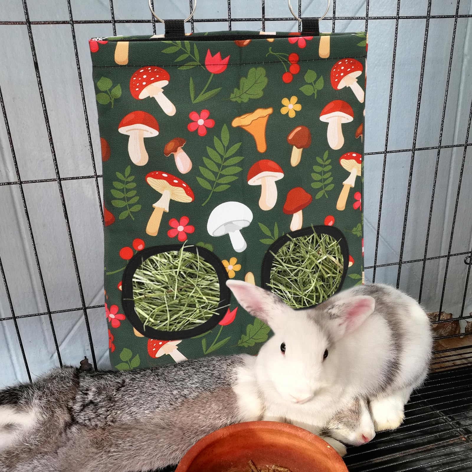 Jarthenaamcs 2Pcs Rabbit Hay Feeder Bag With 2 Holes 11.5 X 9 Inch Mushroom Guinea Pig Hanging Hay Feeding Bag Storage Dispenser