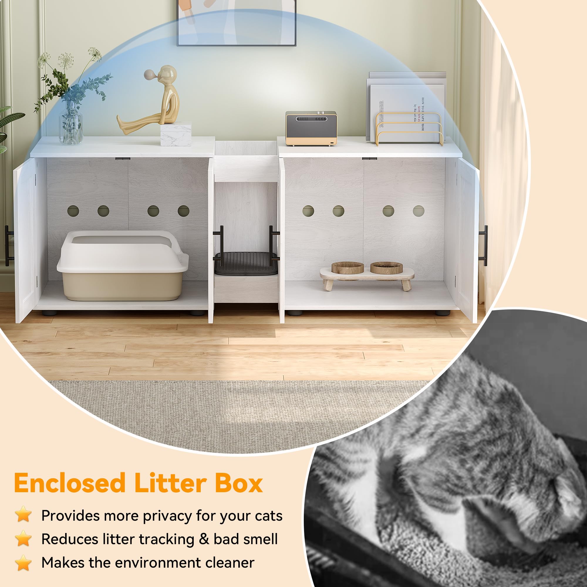 Gaomon Litter Box Enclosure With Double Cage, Cat House,Hidden Litter Box Enclosure Furniture For 2 Cats, Wooden Enclosed Cat Li