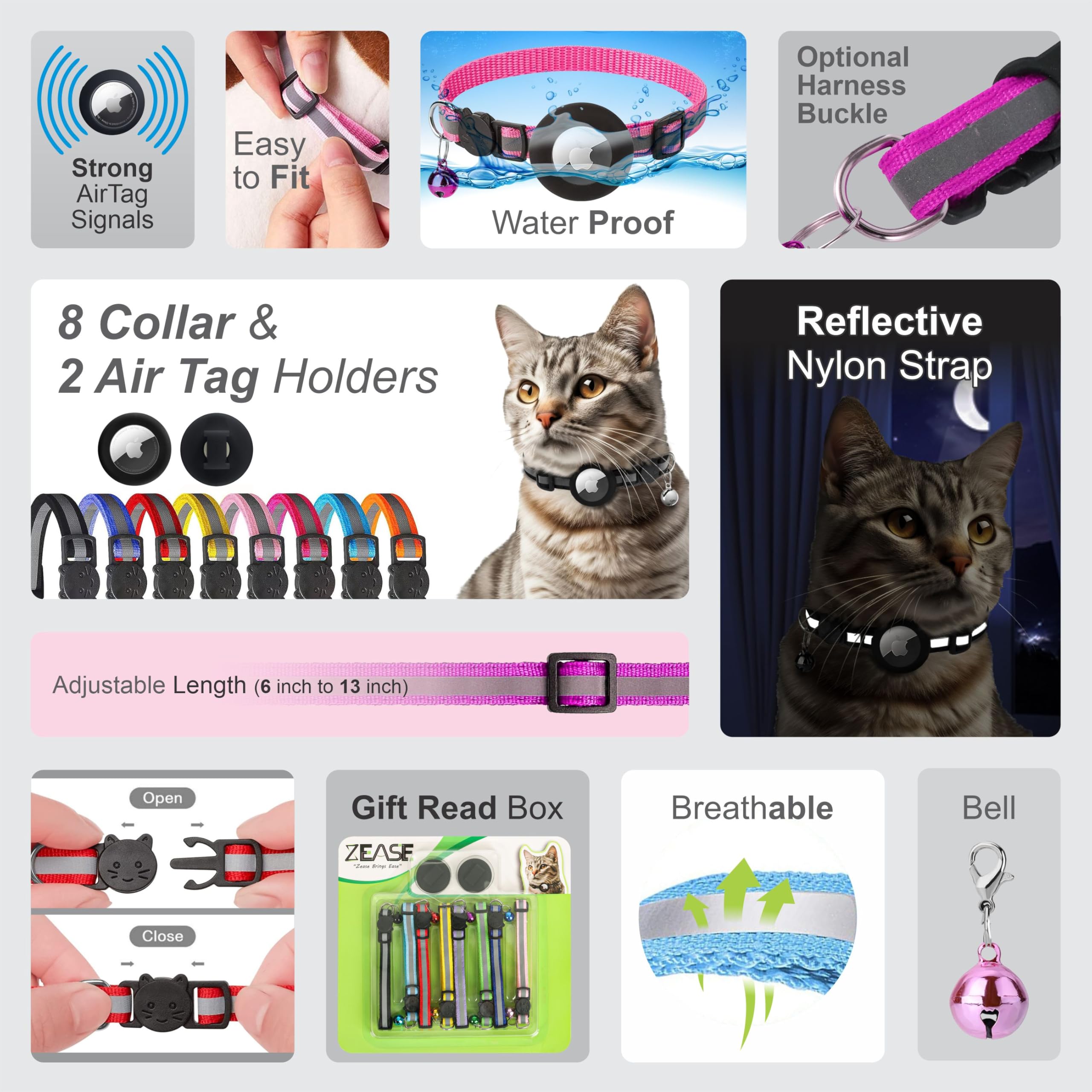 Zease 8 Breakaway Cat Collars Bulk With Bells And 2 Waterproof Airtag Holders, Reflective Cat Collar Airtag Holder, Safety Buckl