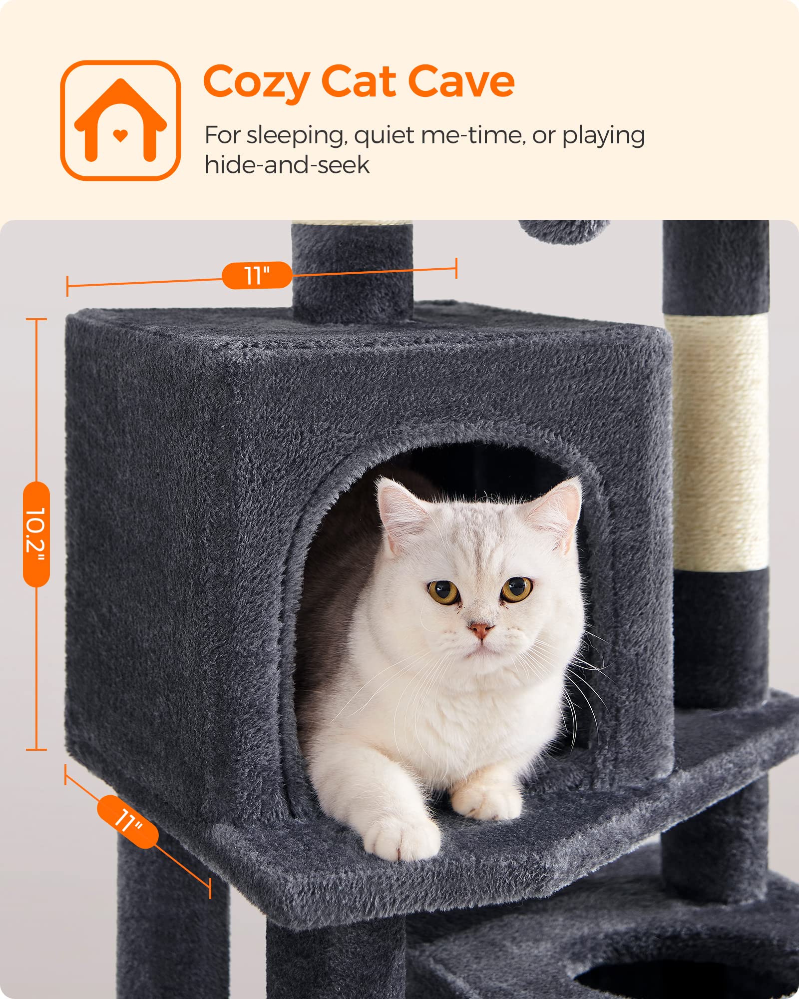 Feandrea Cat Tree, 61-Inch Cat Tower For Indoor Cats, Plush Multi-Level Cat Condo With 5 Scratching Posts, 2 Perches, 2 Caves, Hammock, 2 Pompoms, Smoky Gray Upct192G01