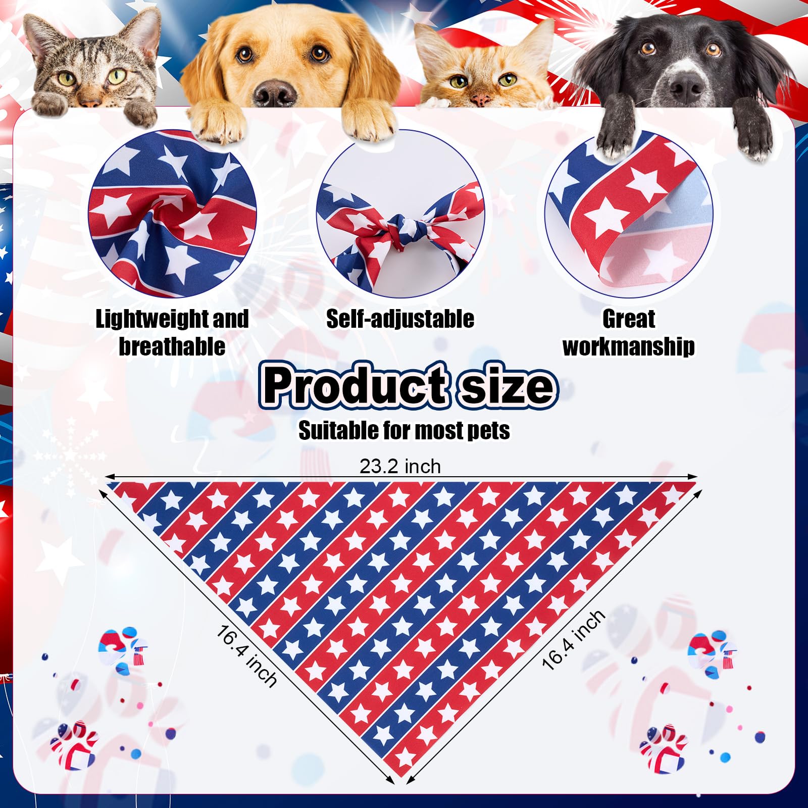 Sanwuta 108 Pcs Patriotic Dog Bandanas Bulk for Independence Day Soft Breathable Dog Stars Bow Ties Adjustable Pet Collar Bowtie