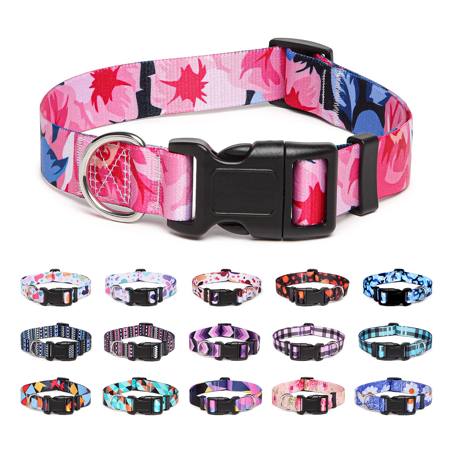 Suredoo Adjustable Dog Collar With Patterns, Ultra Comfy Soft Nylon Breathable Pet Collar For Small Medium Large Dogs (S, Pink Flower)