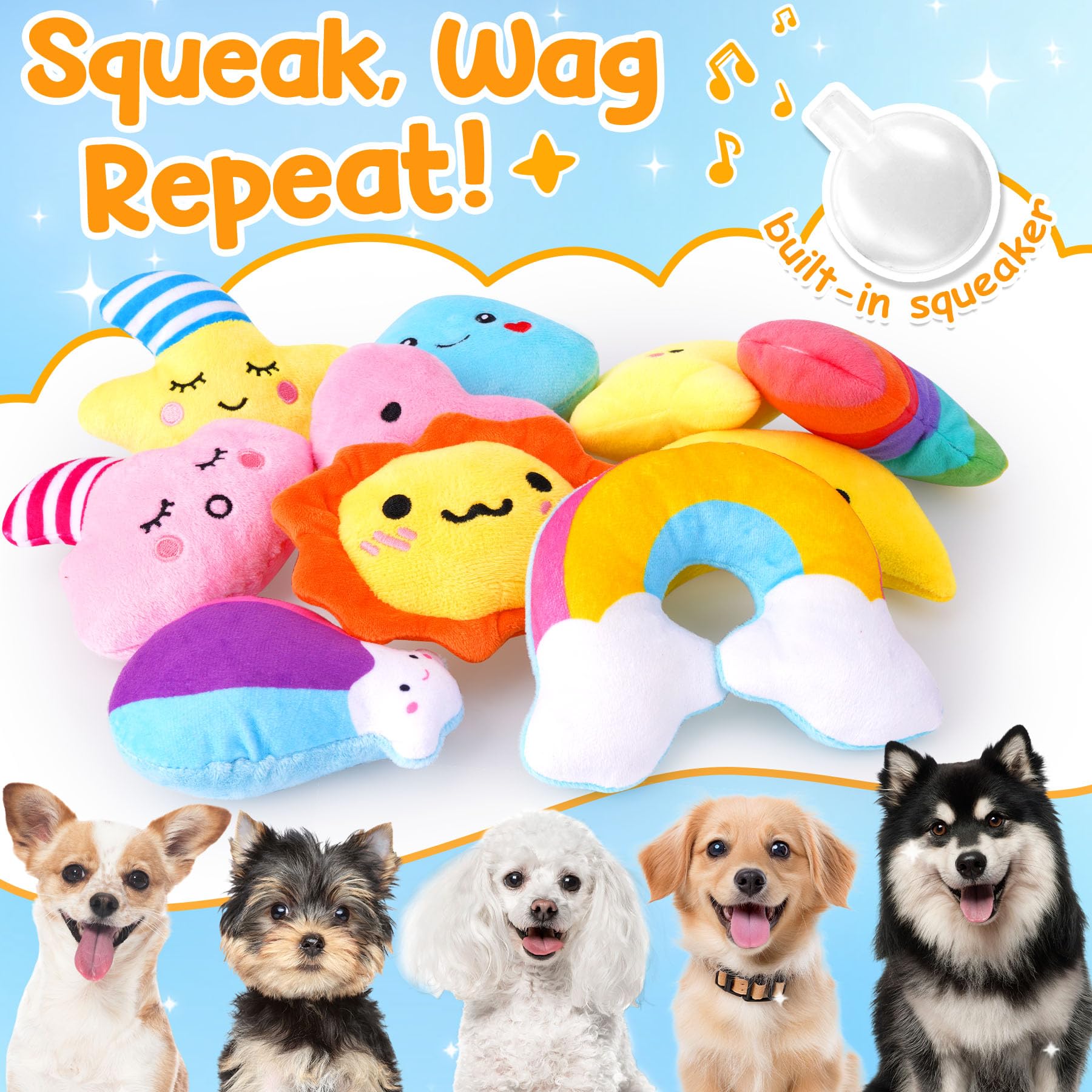 Qtwoof Irresistible Weather-Themed 20-Pack Squeaky Dog Toys Set For Small Dogs & Puppies, Included 16 Plush Toys With Vibrant Ch