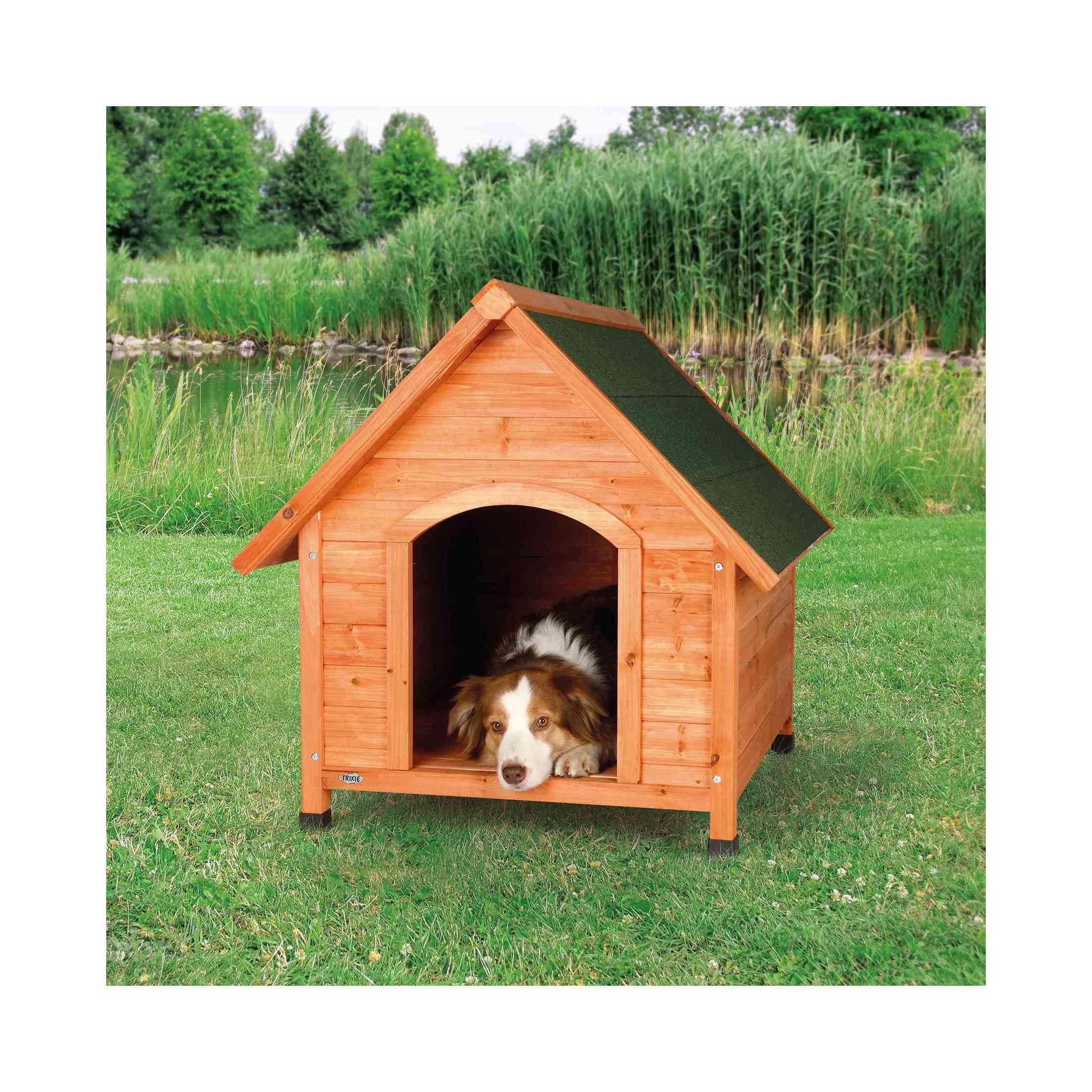 Trixie Natura Cottage Dog House – Outside Dog House For Large Dogs With Weatherproof Sealer & Peaked Roof, Wooden Dog House With Adjustable Legs For Large Dogs – 40 X 33 X 34.5 In