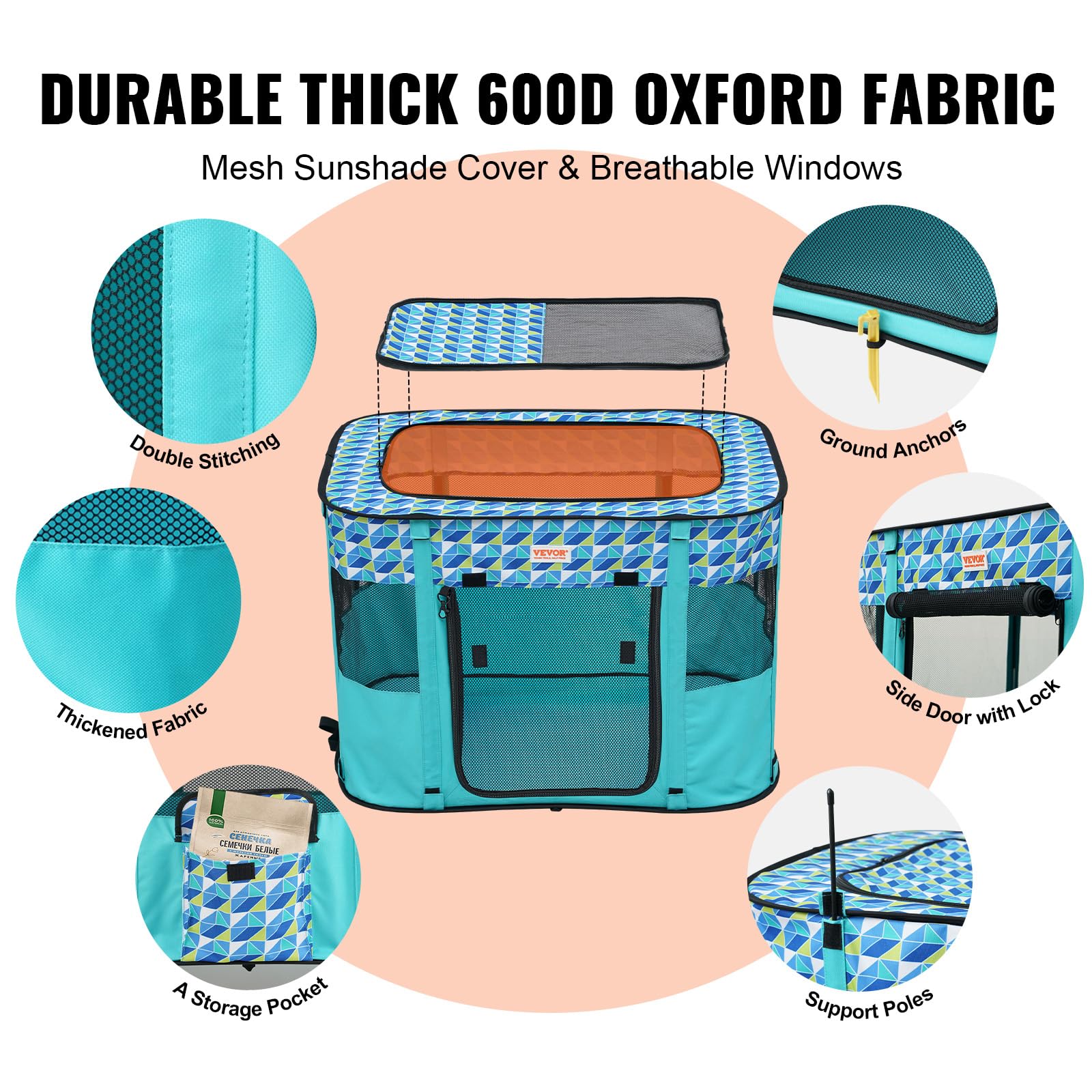 VEVOR Foldable Pet Playpen, 32 x 24 x 22 Portable Dog Playpen, Crate Kennel for Puppy, Dog, Cat, Waterproof 600D Oxford Cl