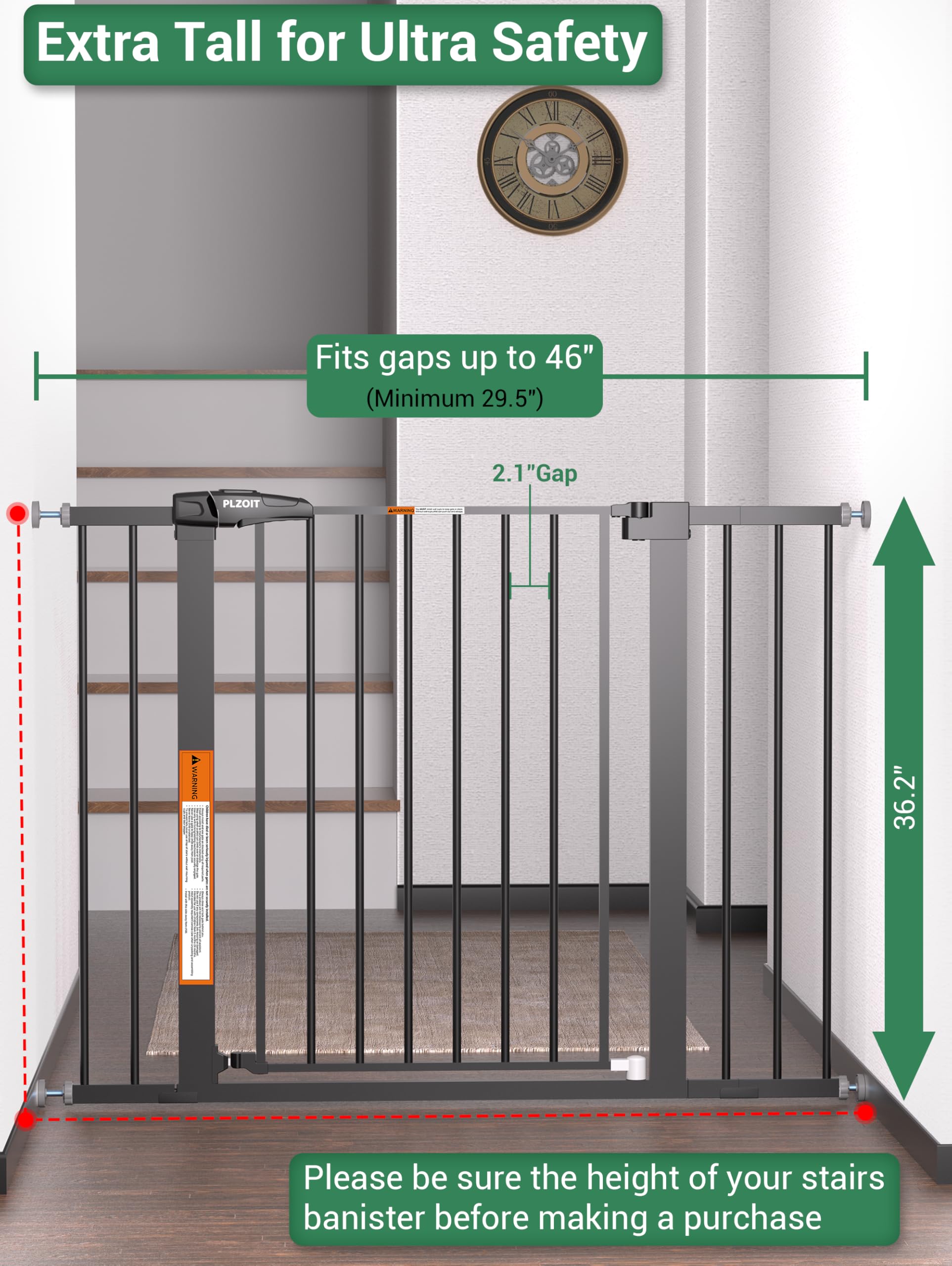 36.2  Extra Tall Baby Gate for Stairs, 29.5-46  Wide Dog Gate for Doorways, Walk Thru Auto Close Metal Pet Gate for The House, S