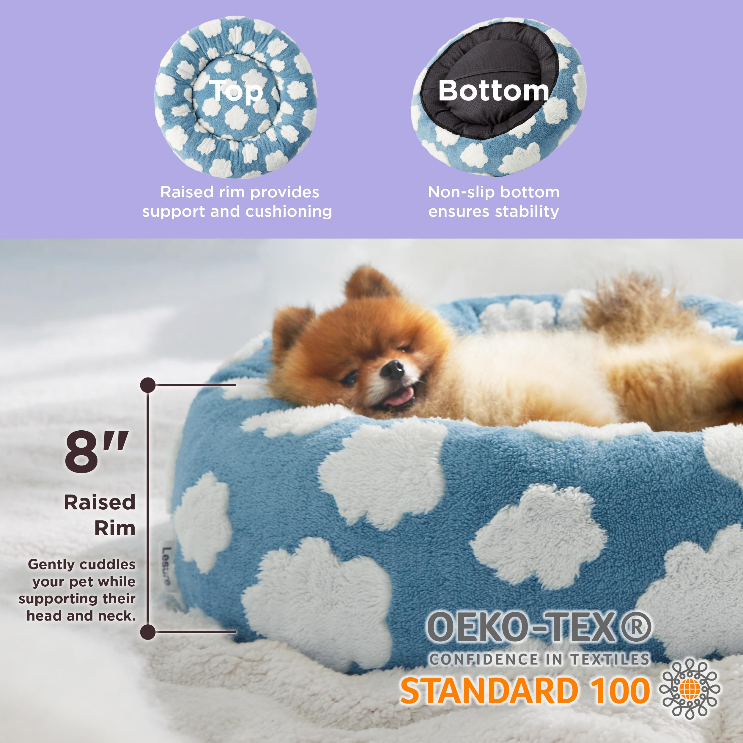 LE SURE Donut Dog Bed for Small Dogs - 23 Cozy Clouds Blue, Washable Plush Cat Bed with Anti-Slip Bottom, Modern Design