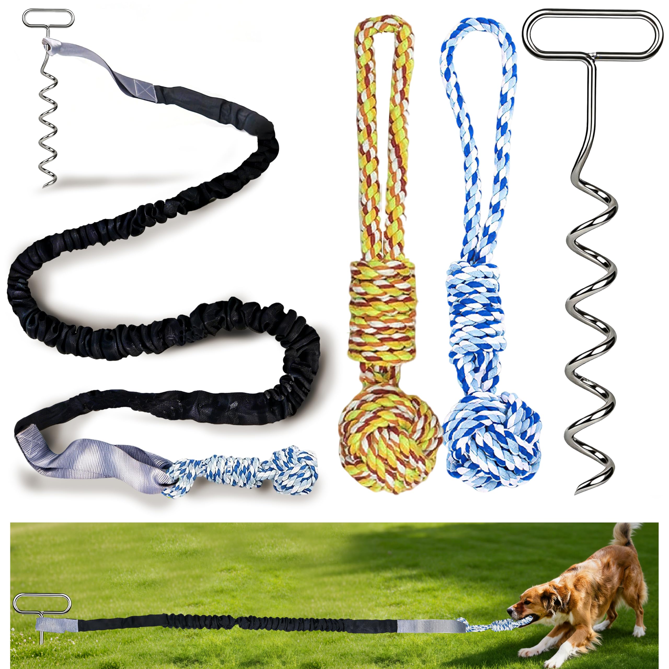 Dog Bungee Tug Toy with Steel Stake & 2 Chew Balls, 6.8ft Stretch Rope tug Toy - Tether Tug for Large/Medium/Small Dogs - Outdoo