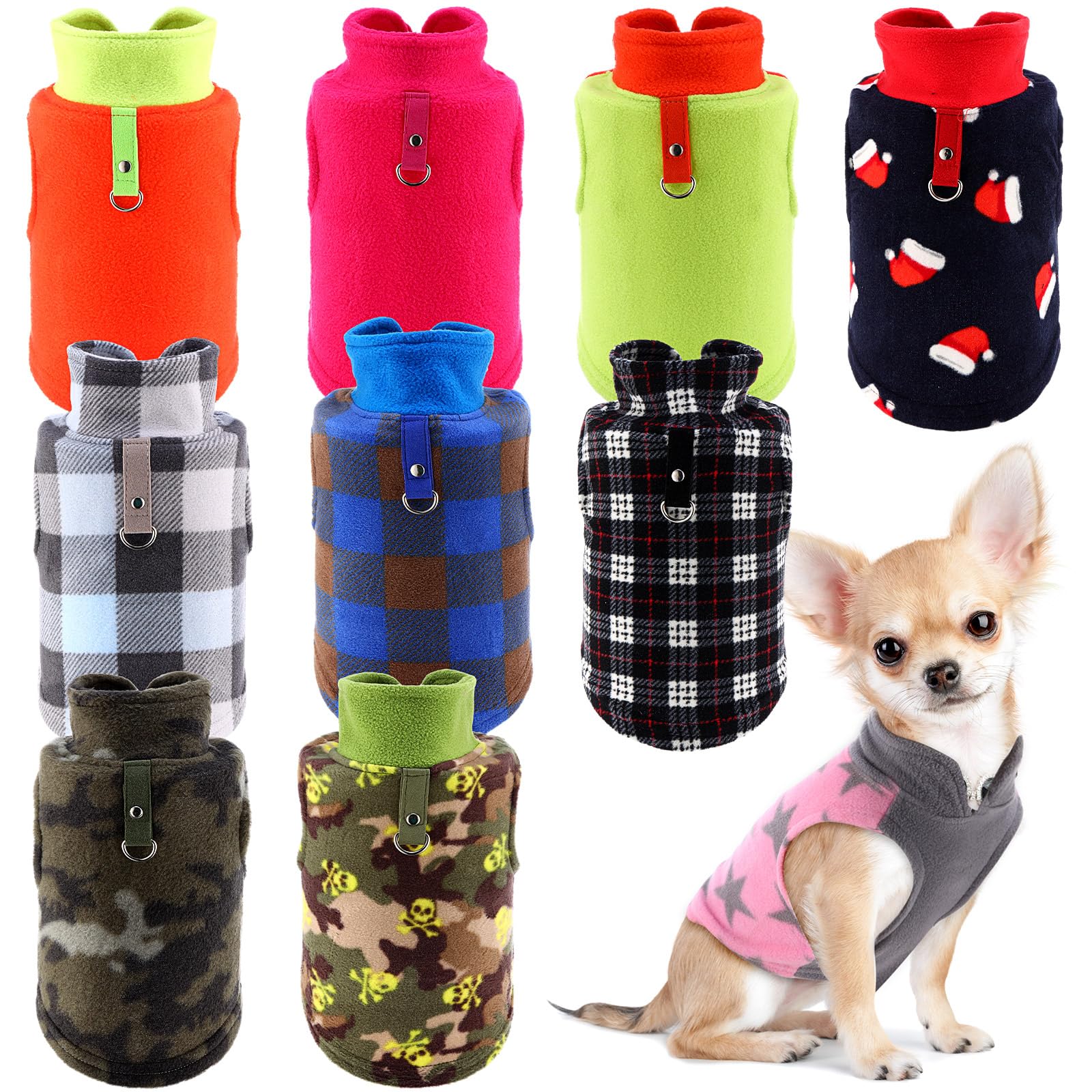 Reginary 10 Pack Small Dog Sweaters Fleece Pet Dog Clothes With Leash Ring Soft Warm Winter Puppy Plaid Shirt(Bright)