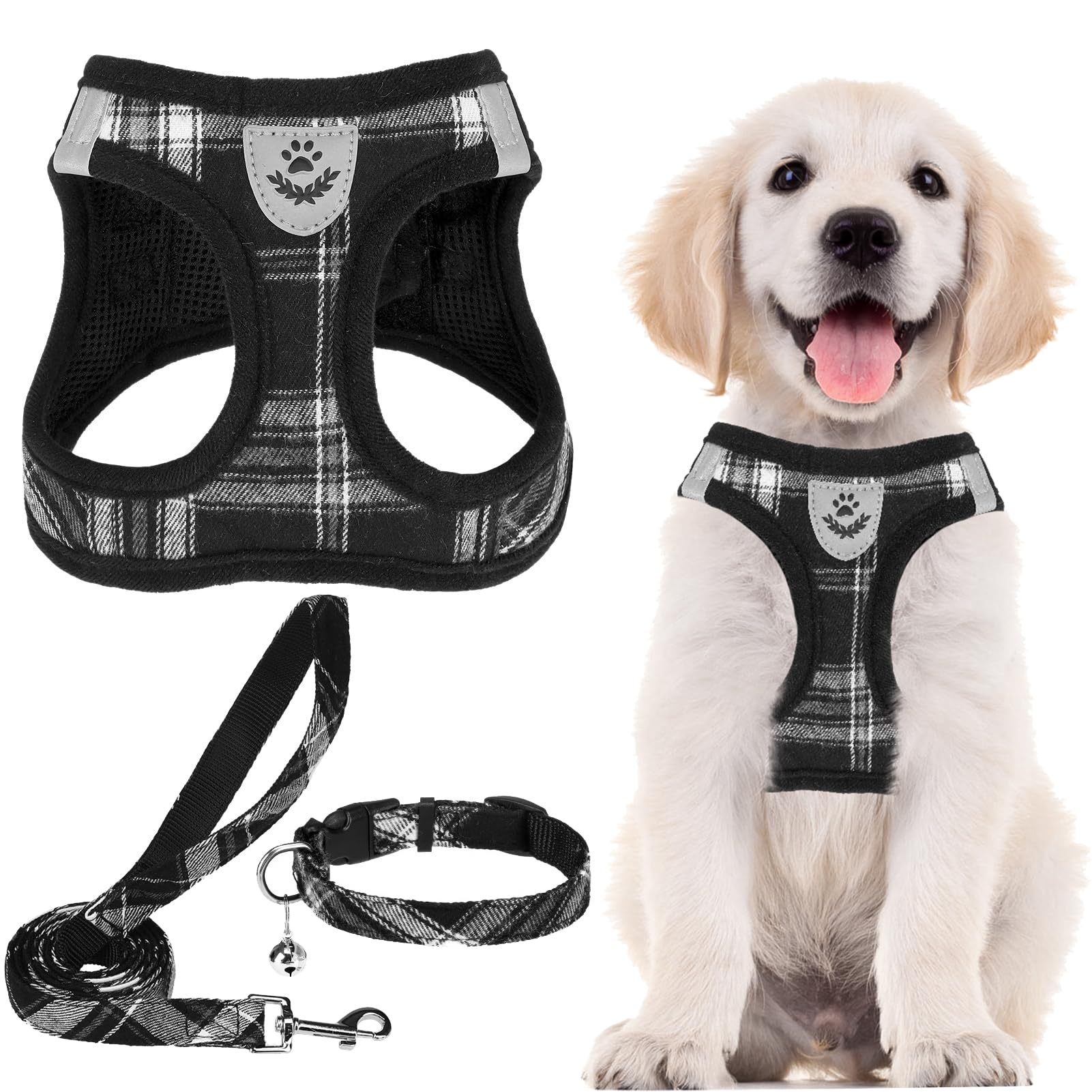 Pupteck Adjustable Dog Harness Collar And Leash Set Step In No Pull Pet Harness For Small Medium Dogs Puppy And Cats Outdoor Walking Running, Soft Mesh Padded Reflective Vest Harnesses, Black M