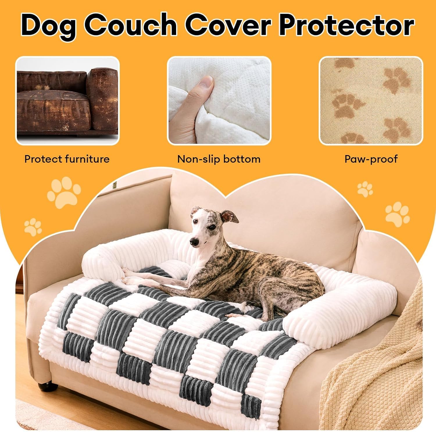 Funny Fuzzy Pet Couch Covers For Sofa, Large Couch Cover For Dogs Washable Cream Square Plaid Pet Bed Mat For Furniture Protecto
