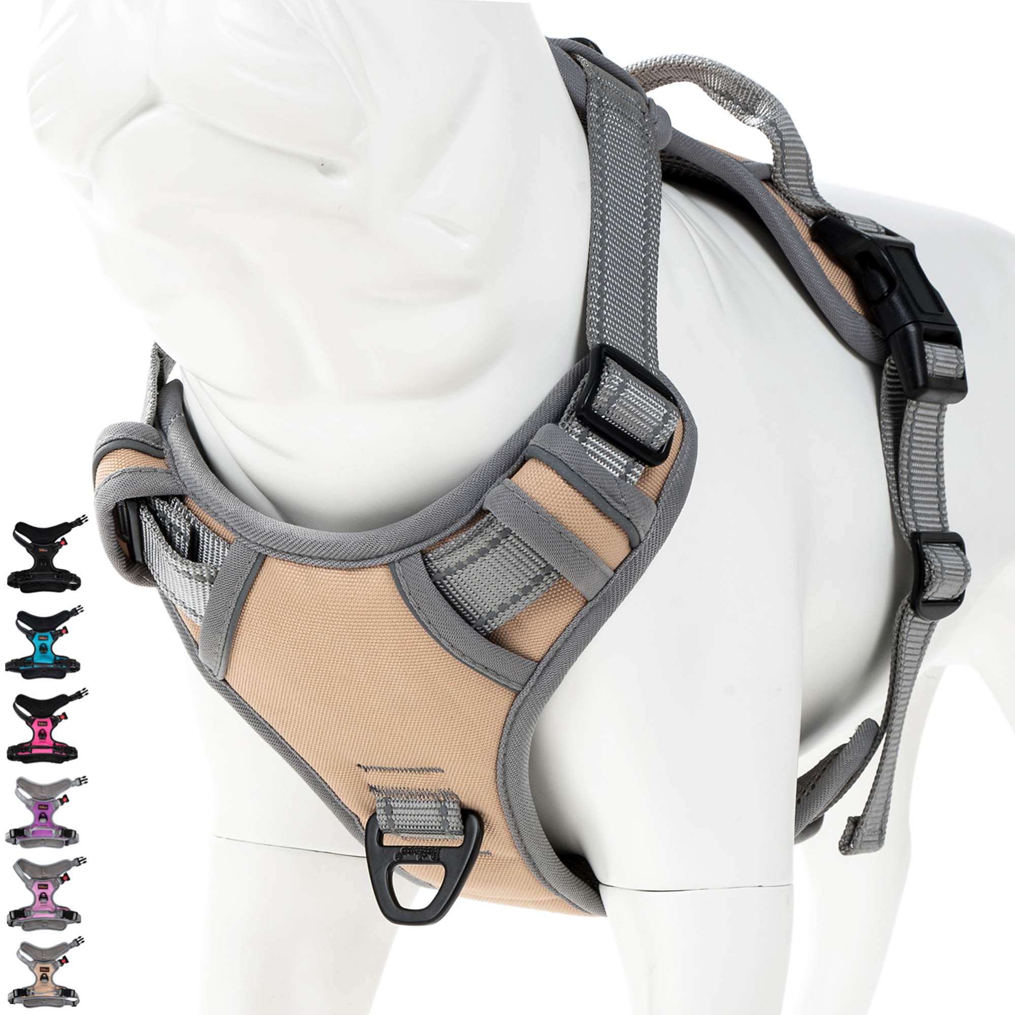 Coohom No Pull Dog Harness With Handle And Two Leash Attachments,Adjustable Outdoor Pet Harness With Reflective Oxford Material For Small Medium Large Dogs (M, Khaki 2022)