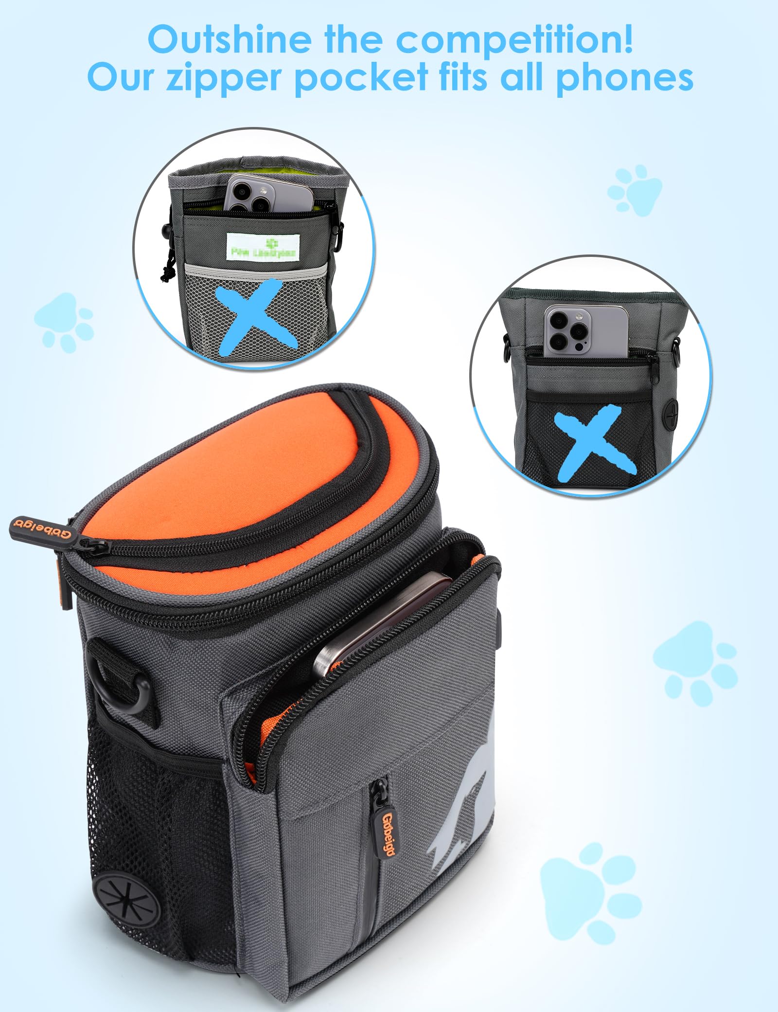 Gobeigo Dog Training Treat Pouch, Pet Treat Bag Holder with Zipper Split Top, Built-in Poop Bag Dispenser, Dog Fanny Pack for Pu