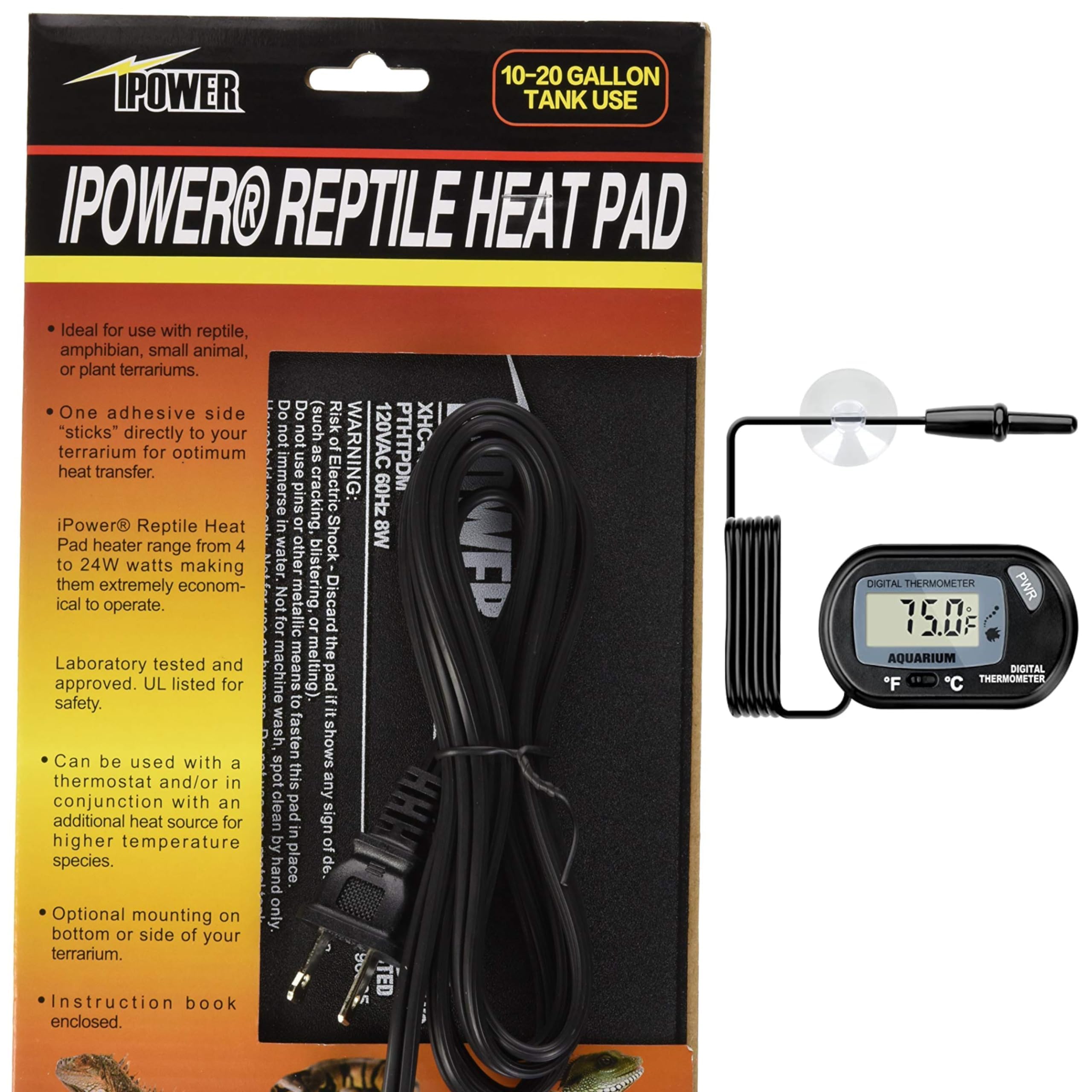 iPower 6 by 8-Inch 8W Reptile Heat Mat, LCD Digital Aquarium Thermometer, Under Tank Warmer Terrarium Heat Pad for Turtles Lizar