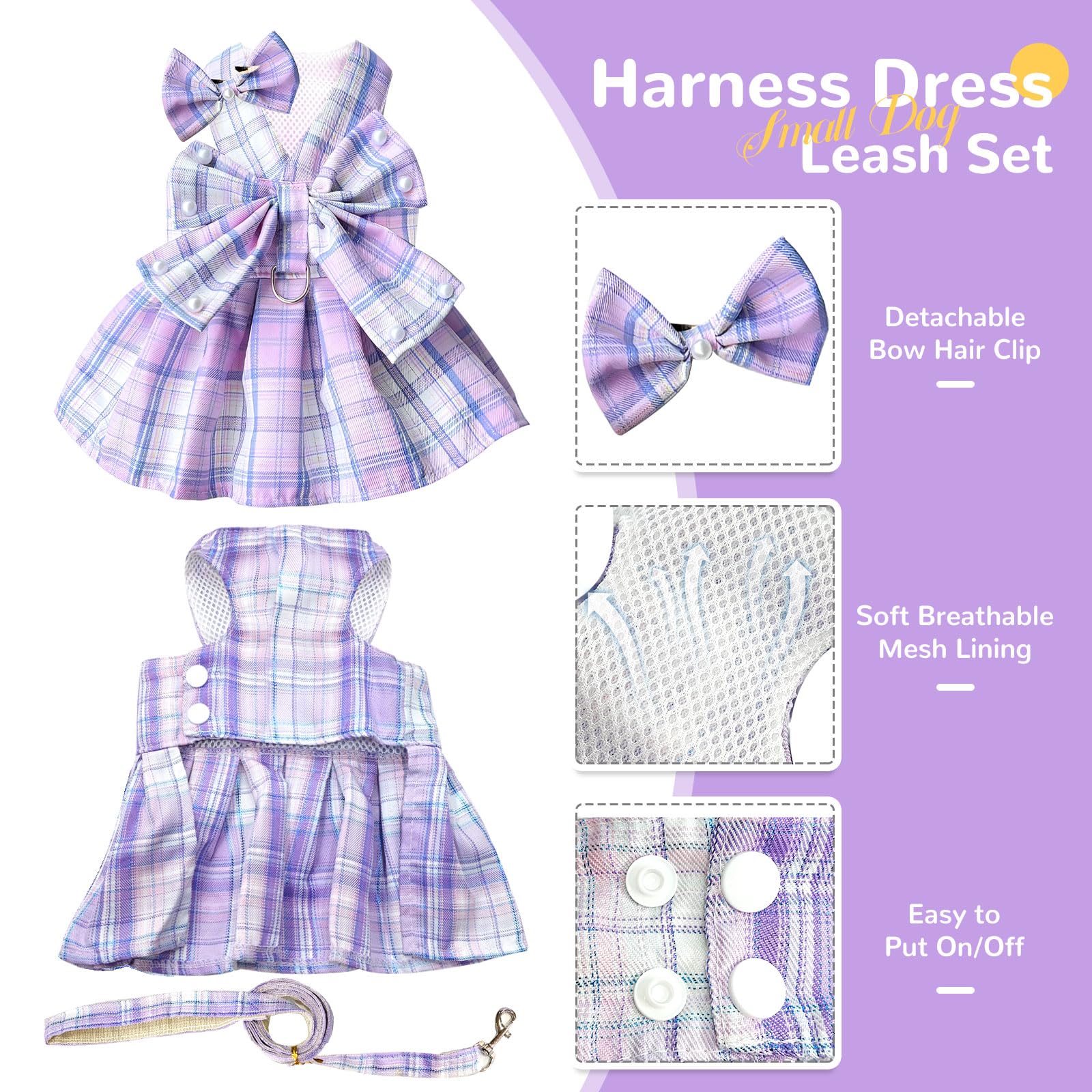 Petcare Cute Dog Dress Clothes For Small Dogs Cats Girl Female Purple Plaid Bow Tie Dog Harness Dresses Leash Set With Pearls Bo