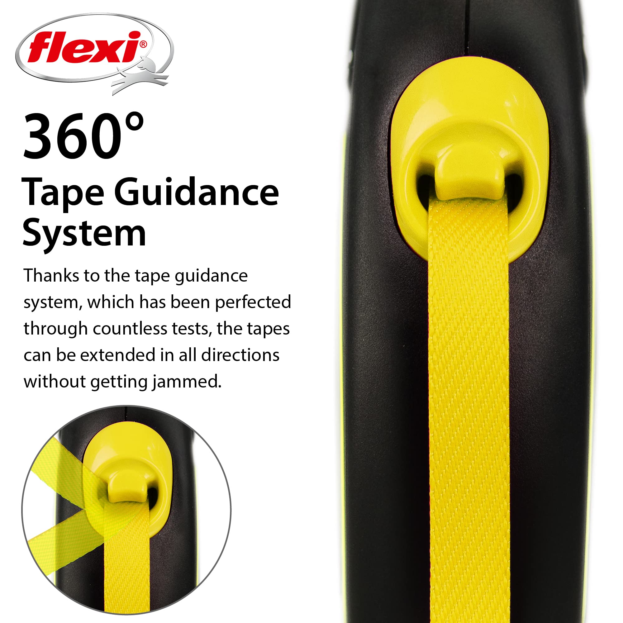 Flexi New Neon Tape Retractable Dog Leashes For Small Dogs Upto 33 Lbs. – 16 Ft., Neon Yellow/Black | Tangle Free Pet Walking Leash With One-Handed Brake, Pause, Lock | German Quality Product