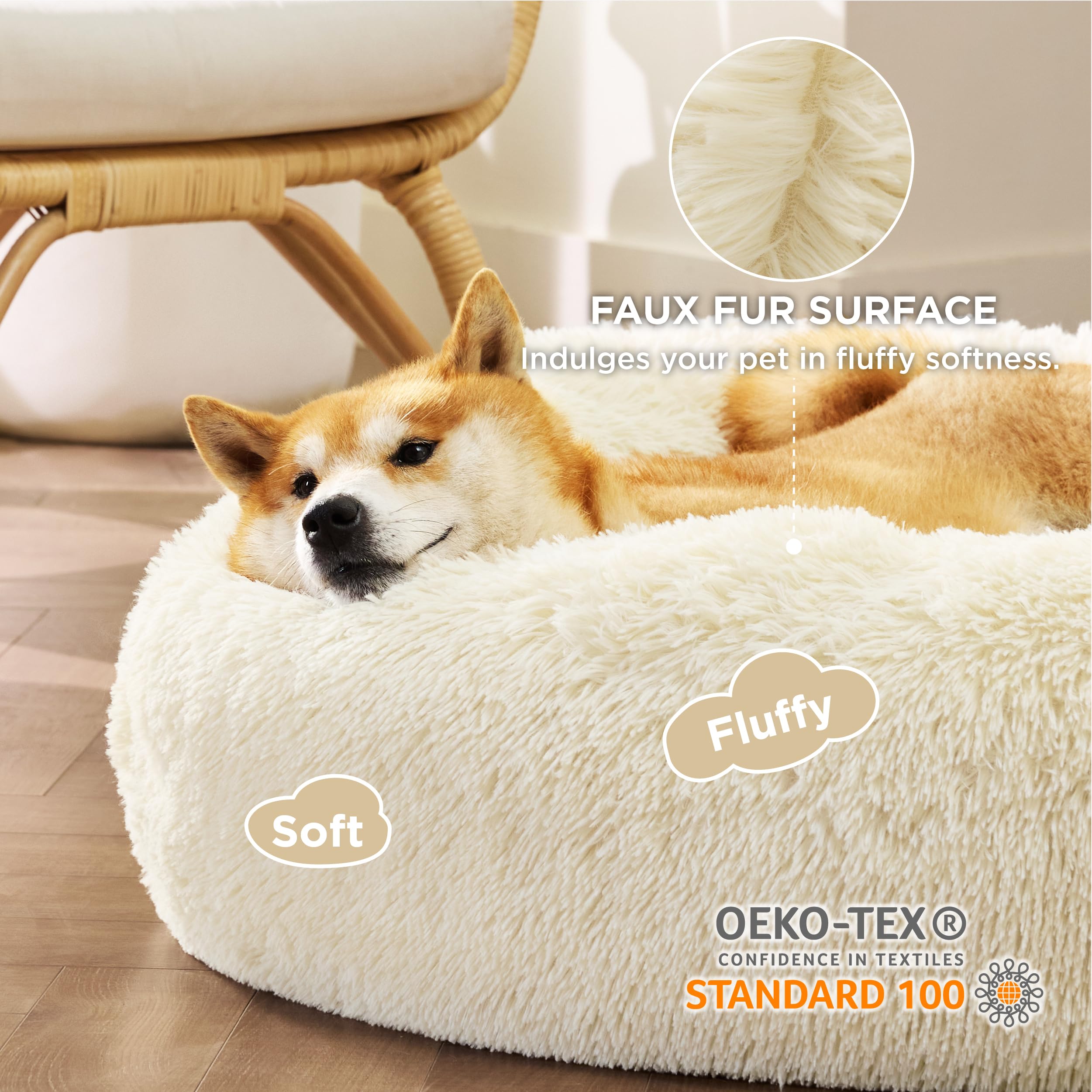 Bedsure Calming Dog Bed For Medium Dogs - Donut Washable Medium Pet Bed, Anti-Slip Round Fluffy Plush Faux Fur Cat Bed, Fits Up