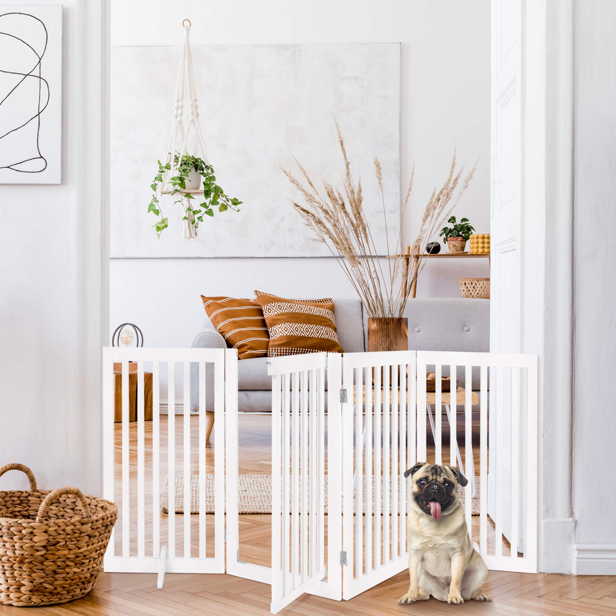 Best Choice Products 31.5In 4-Panel Freestanding Wooden Pet Gate W/Walk Through Door, Adjustable Pen, Support Feet - White